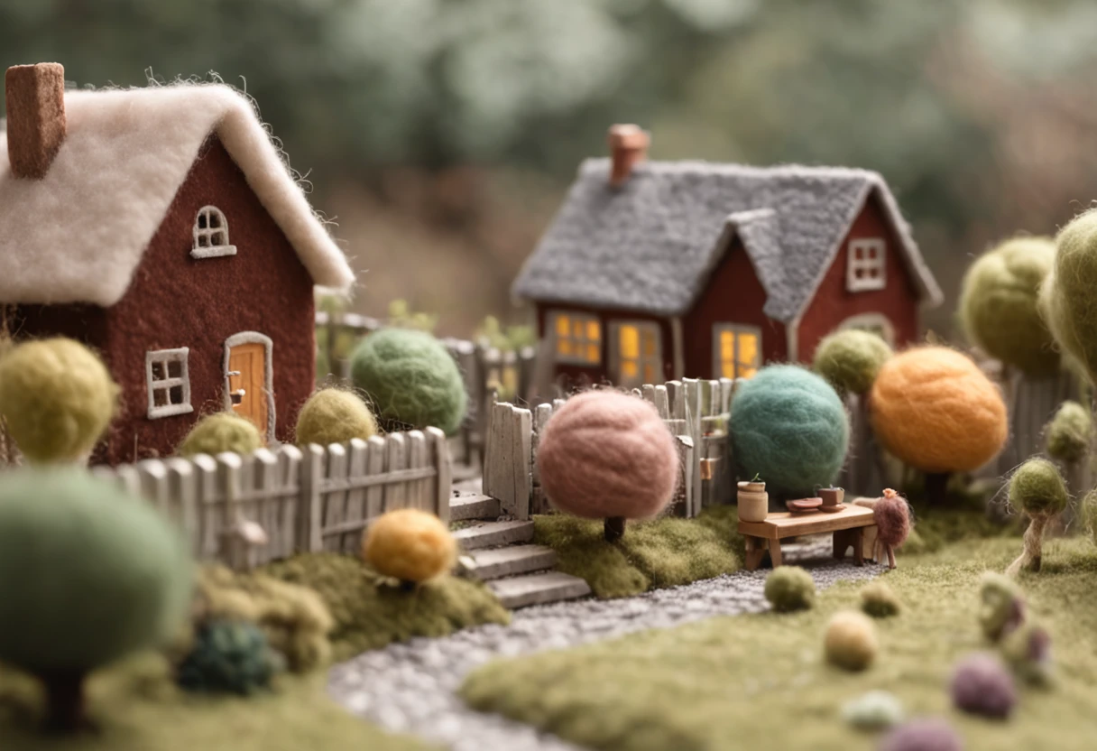 cute world of wool felt, wool knitted fabric, cartoon, some small houses, farms, barracks, warehouses, flower houses, super cute, superb lighting, volumetrics, by Jon Klassen, Ghibli Studio style, Tilt - shift, 80mm lens, Large aperture, 3d, blender, masterpiece, super detail, best quality