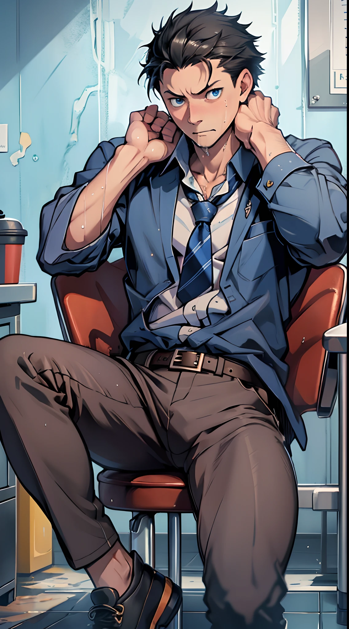 (1 Adult male),A high resolution, Sharp focus, Pixiv masterpiece, ((Complicated details)), highly detailed, natsuki_subaru, 1 man,perfect male figure,Urine on the trouser leg, Nervously bow your head,is shy,embarressed,exhilarated,is shocked,panicking,worry,A pool of urine formed around him,Very eager to pee,Unbearable,Wet yourself,Urine discharge,full bodyesbian,sat in an office,Tired,decadent, blue color eyes(eyes glowing), Black hair short hair,Blue plaid shirt,Wear a tie,Wear a belt,trousers,perspire,Drenched,Get wet,pissing,urine flows down the pants,look from down