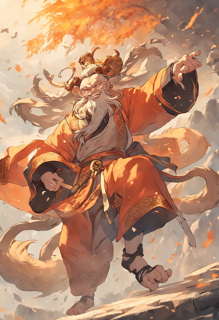 In ancient China, he had the appearance of a huge monkey called Qi Tian Daisheng and wore a hermit-like costume.々Holding a long golden club with a funny expression、A golden ring is worn on the forehead、Riding the clouds、Running in the sky、Masterpiece、Photorealsitic、highcontrast