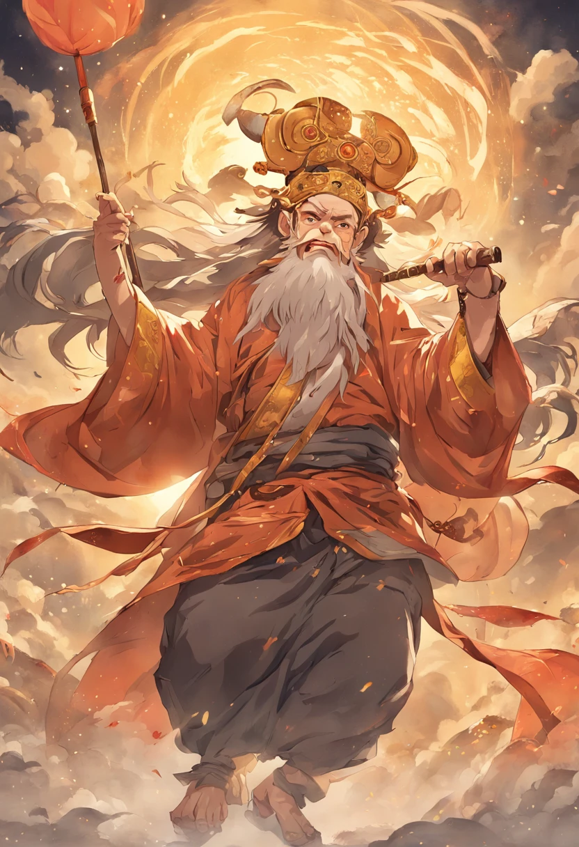 In ancient China, he had the appearance of a huge monkey called Qi Tian Daisheng and wore a hermit-like costume.々Holding a long golden club with a funny expression、A golden ring is worn on the forehead、Riding the clouds、Running in the sky、Masterpiece、Photorealsitic、highcontrast