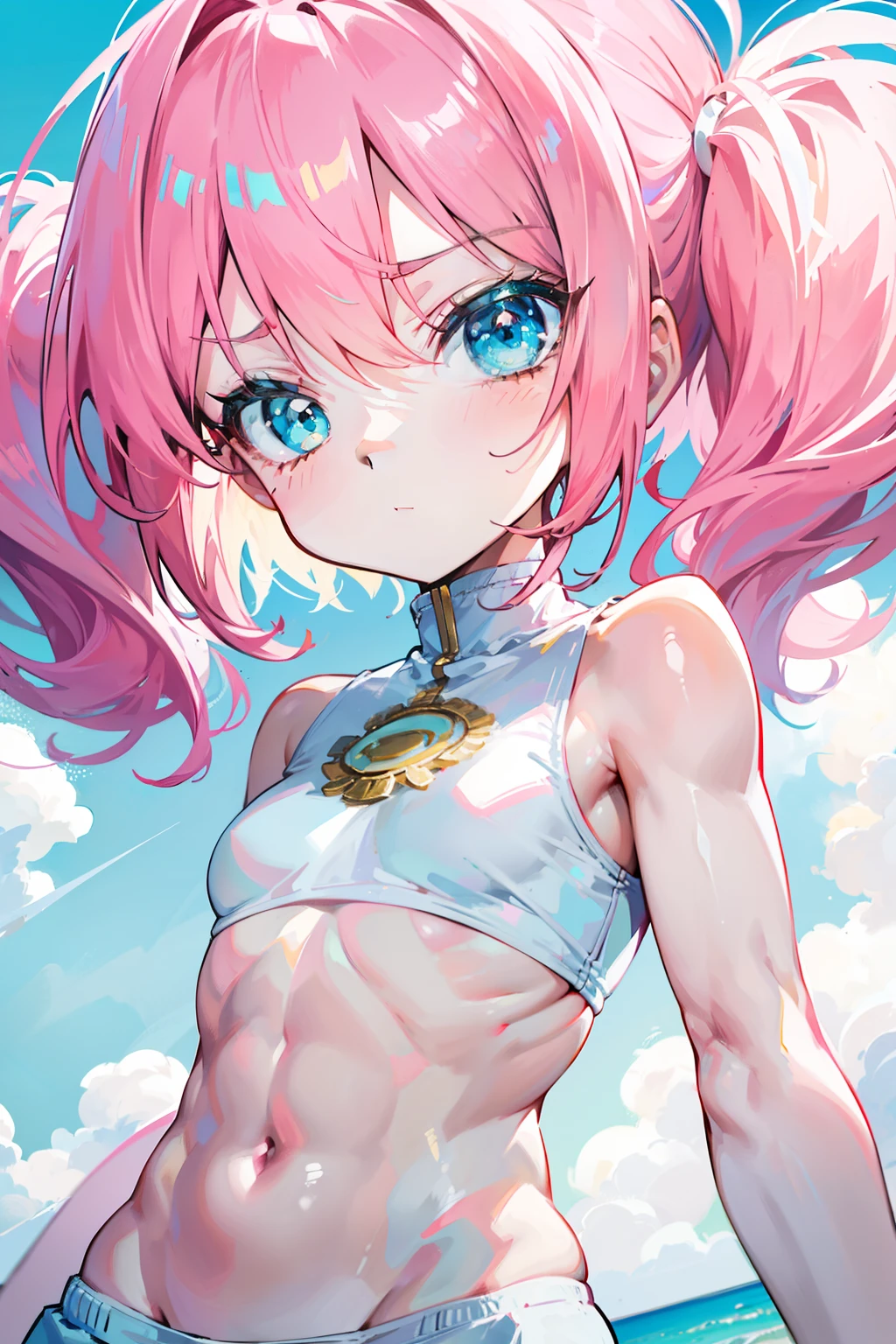 Short pink hair，Bigchest，Turquoise yellow with cream white skinny children's clothing，Tall, Muscular girl，li face，It still looks milky white，Fierce and cute feeling，Body parts are not exposed