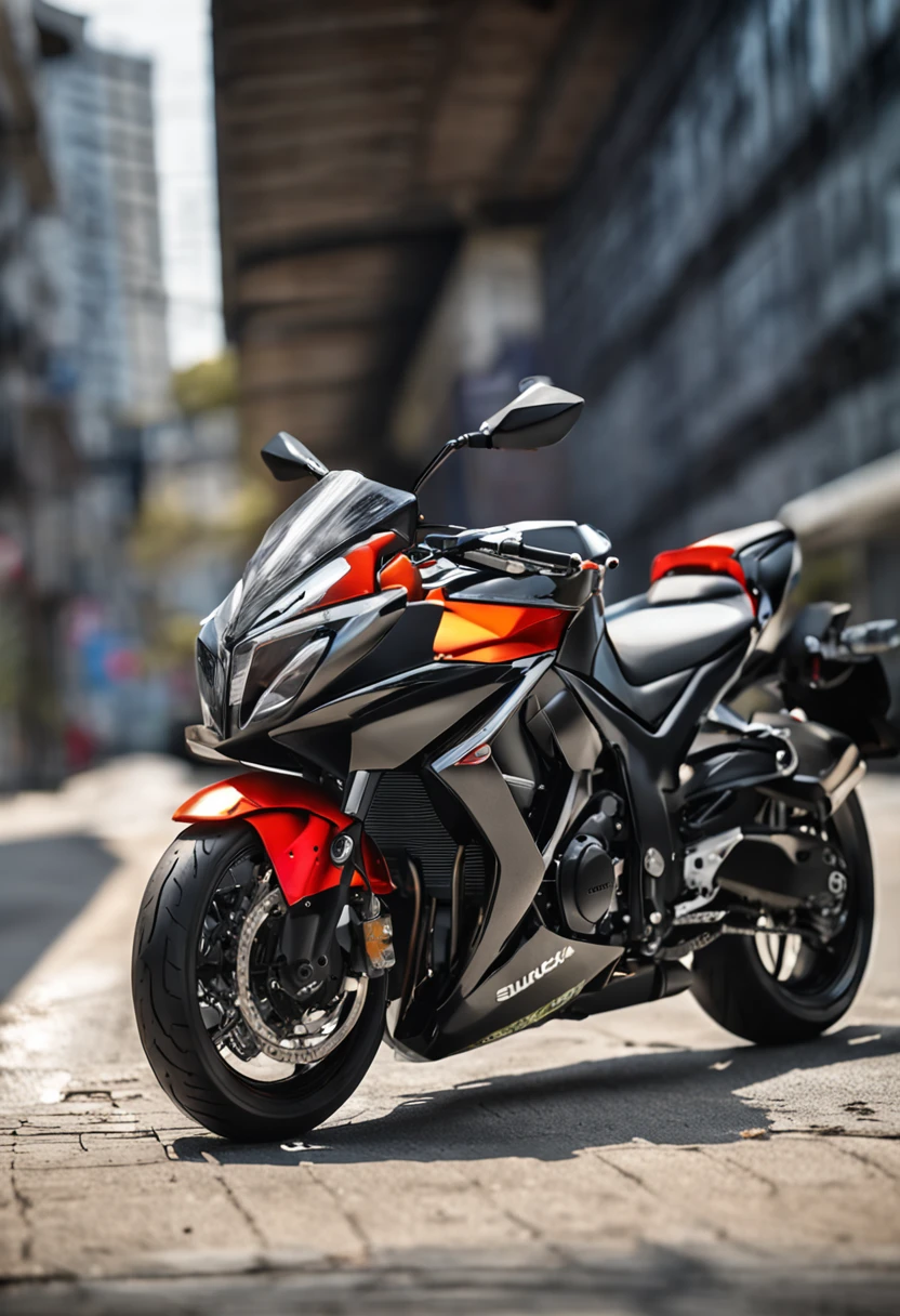 Close up of motorcycle parked on white surface, kawasaki, 2 0 1 9, 2019, (sharp), with sleek lines and a powerful, futuristic suzuki, high quality picture, 8K!!, triumph, 8K!, yoshimura exhaust, touring