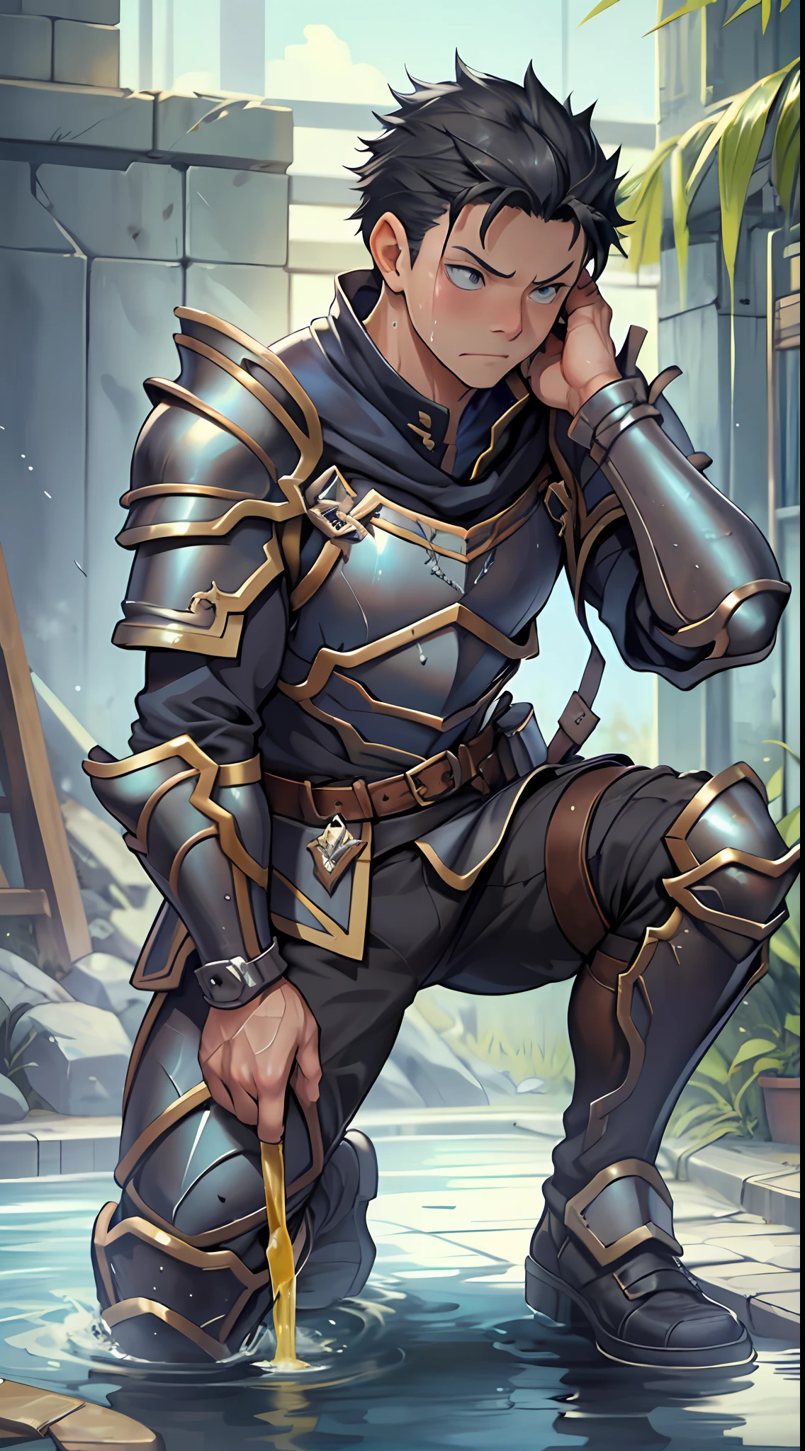 （1 Adult male），A high resolution， Sharp focus， Pixiv masterpiece， （（Complicated details））， highly  detailed， natsuki_subaru， 1 man，perfect male figure，Urine on the trouser leg， Nervously bow your head，is shy，embarressed，exhilarated，is shocked，panicking，worry，A pool of urine formed around him，Very eager to pee，Unbearable，Wet yourself，Urine discharge，full bodyesbian，Kneel，Tired，decadent， blue color eyes（eyes glowing）， Black hair short hair，armour，cloaks，Armour，trousers，Shoulder armor，Leg armor，perspire，Drenched，Get wet，pissing，urine flows down the pants，look from down