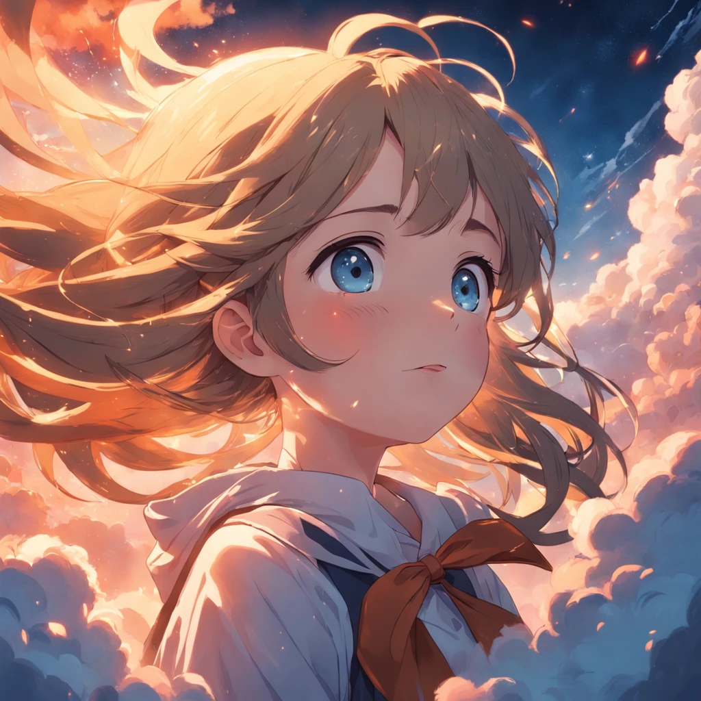 masterpiece, best quality, movie still, 1girl, cloud girl, floating in the sky, close-up, bright, happy, warm soft lighting, sunset, (sparks:0.7)