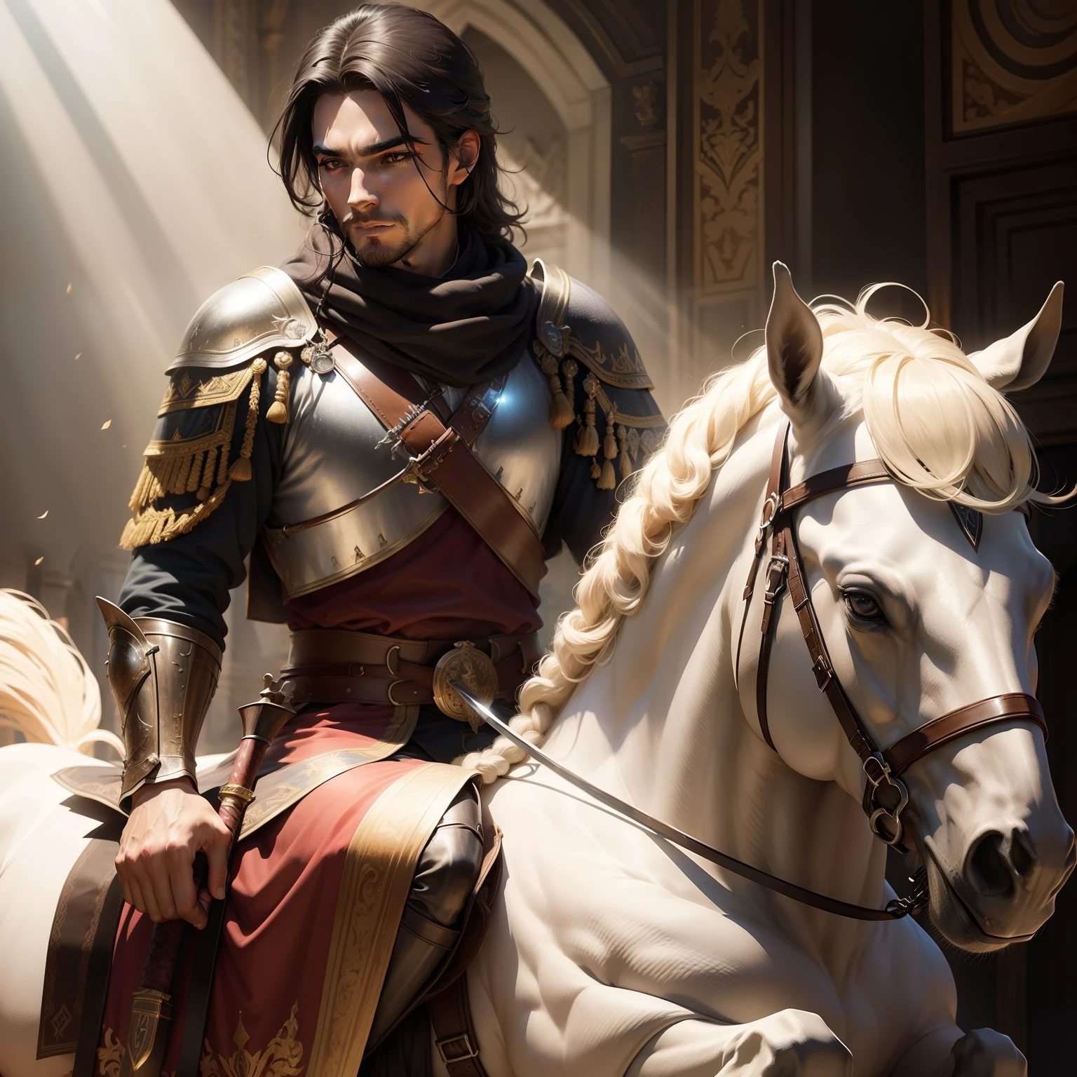 A king sitting on horse holding lighting sword, sunlight behind,clear view of face,