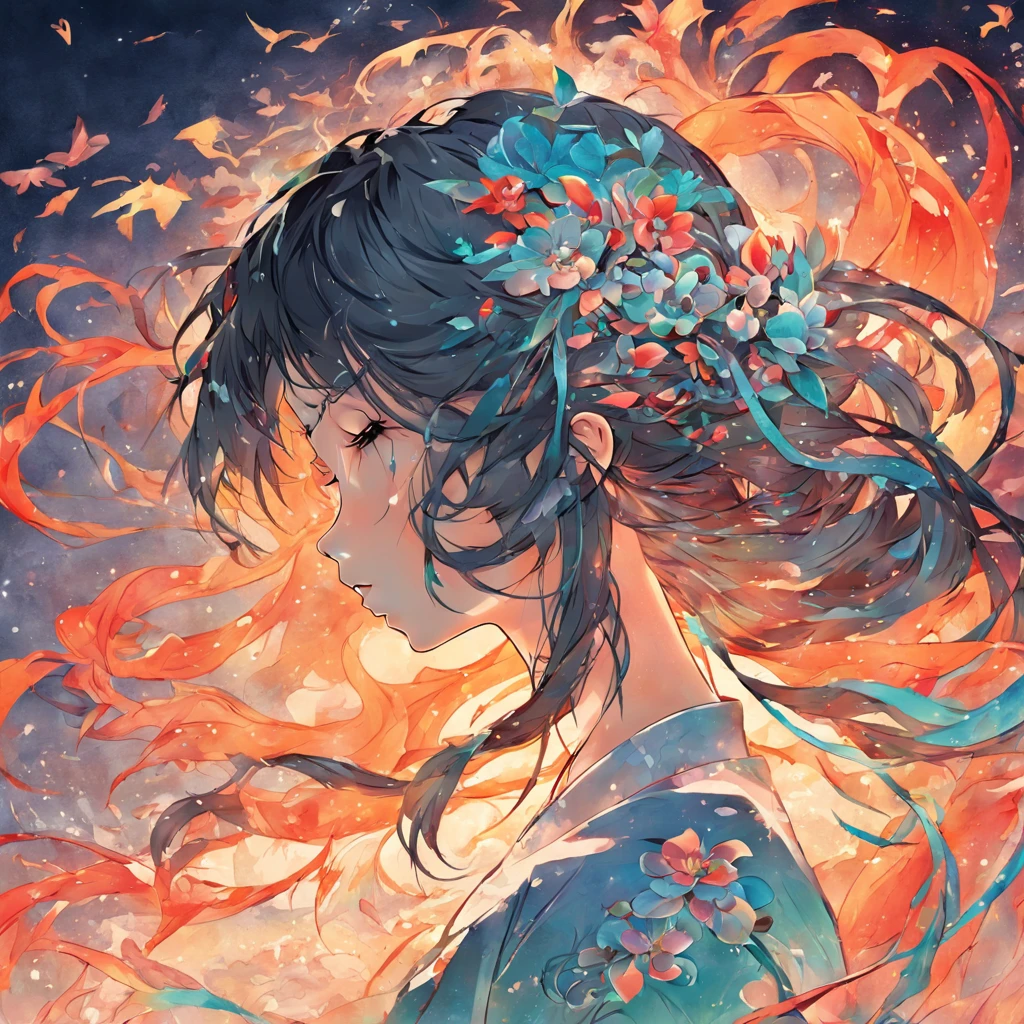 (White background:1.4),(Silhouette of a girl's head, Eyes closed, colorfull long hair, Oriental elements)，(Chinese illustration:1.3，paper art:1.3, Quilted paper art:1.2),( reasonable design, Clear lines, High sharpness,Best quality, Very detailed, Masterpiece, movie light effect, 4K )