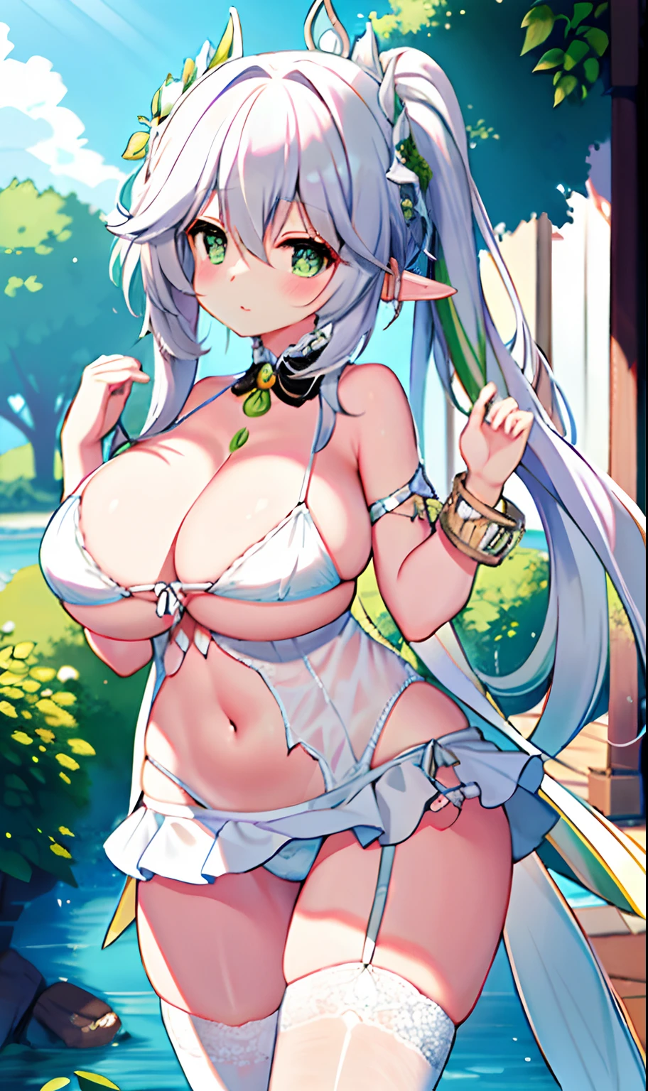 （white backgrounid：1.4），（tchibi：1.2），
tmasterpiece，Best quality，
独奏，（（Extremely delicate and beautiful girl）），（full bodyesbian：1.2），elvish ears，hair adornments，Broken hair，short detailed hair，Light green eyes，huge boob，white dresses，silver
stand，（Ruffles），（White_upper legs），Hold the，Keep one's mouth shut，
fanciful， （Surrounded by waves）， Nahida， nakeness， fullnude， A white bikini，gigantic cleavage breasts，semi-bare，Sexy big ass，Erotic lingerie，Fiddling with sexy ass，Expose sexy breasts，The kinky is exposed ，Protruding anteriorly and posteriorly，Pornographic