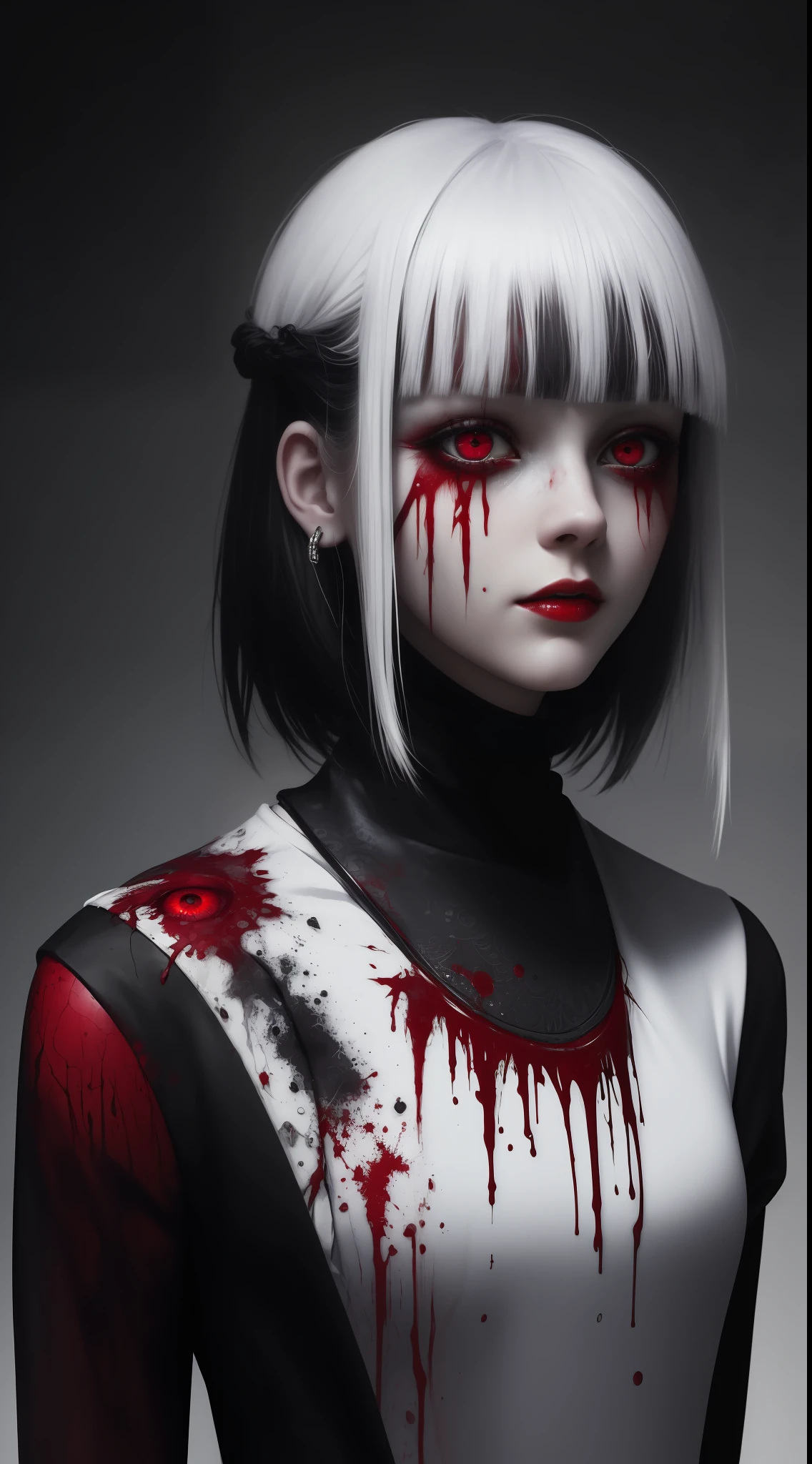 (masterpiece, best quality:1.2), cover image, splashed color background, highly detailed, colorful black, 1 girl, long silver hair, red eyes, short hair, blunt bangs, mannequin, cool face, ((( white sexy clothes))), illustration, horror art, dread, creepy, blood, blood eyes, gore,