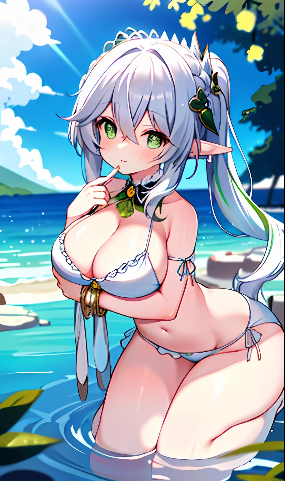 (white backgrounid:1.4),(tchibi:1.2),
tmasterpiece,Best quality,
独奏,((Extremely delicate and beautiful girl)),(full bodyesbian:1.2),elvish ears,hair adornments,Broken hair,short detailed hair,Light green eyes,huge boob,white dresses,silver
stand,(Ruffles),(White_upper legs),Hold the,Keep one's mouth shut,
fanciful, (Surrounded by waves), Nahida, nakeness, fullnude, A white bikini,gigantic cleavage breasts,semi-bare,Sexy big ass,Erotic lingerie,Fiddling with sexy ass,Expose sexy breasts,The kinky is exposed ,Protruding anteriorly and posteriorly,Pornographic