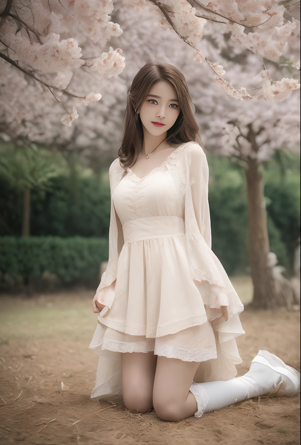 ((of the highest quality, 8K, masutepiece: 1.3)),1girll, Focus: 1.2, Perfect body: 1.4, buttocks: 1.2, (Layered Hair Style, tits out: 1.2)),Slender thighs,Lace (ta costume 1.1), (shawl: 1.3), Superskirt: 1.1, Highly detailed face and skin texture, largeeyes, Double eyelids, Whitening skin, the cherry trees,ssmile,Detailed details,The highest photographic texture,(Head to knees:1.5),Perfect textile texture,Light tracing,Dynamic posture,Look at the audience,