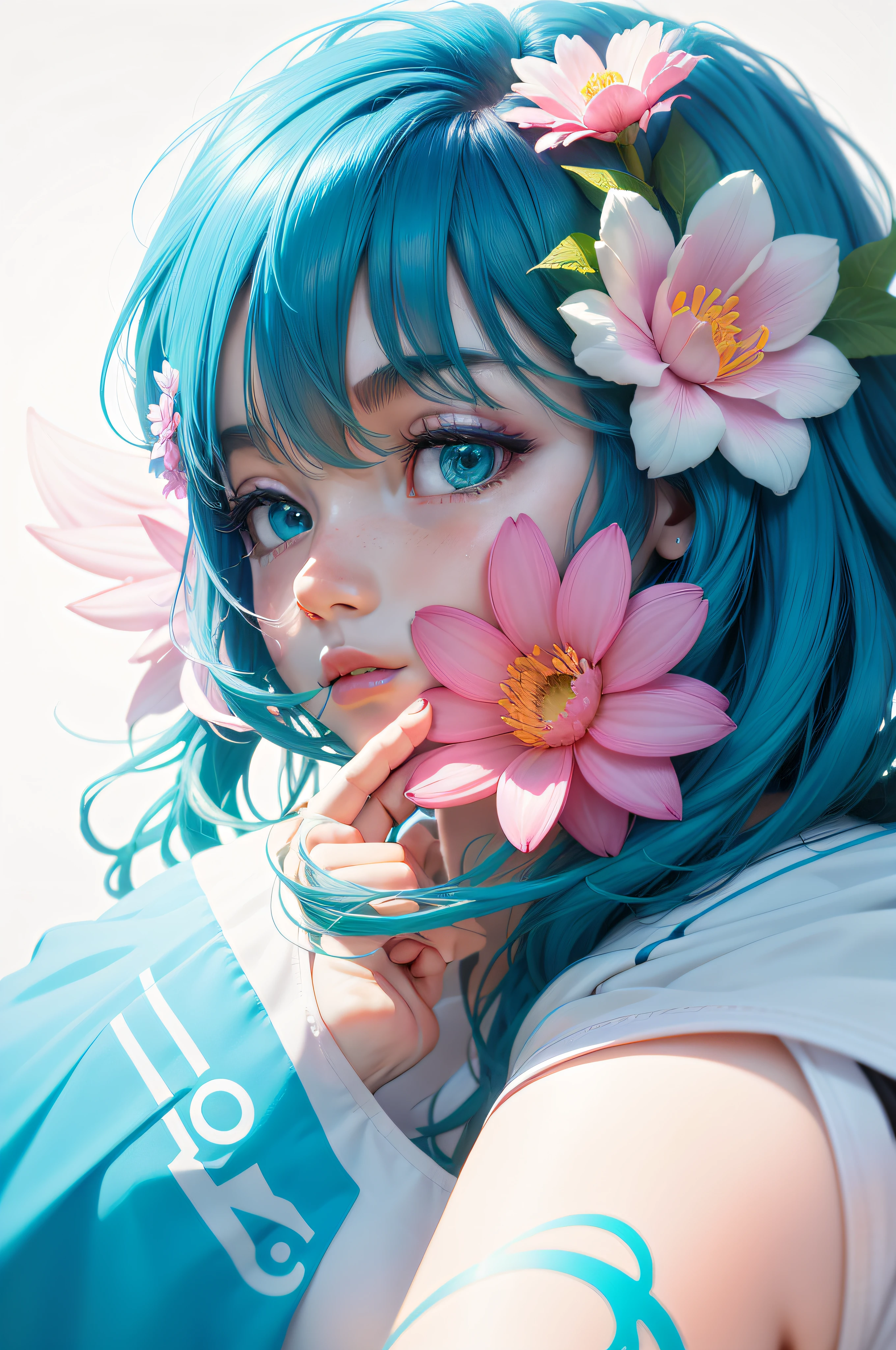 1girl, blue_hair, bangs, bare_shoulders, black_gloves, blue_flower, bow, breasts, camellia, covering_mouth, daisy, eyebrows_visible_through_hair, floral_background, flower, flower_\(symbol\), ganyu_\(genshin_impact\), gloves, hair_flower, hair_ornament, hat_flower, hibiscus, holding_flower, hydrangea, lily_\(flower\), long_hair, looking_at_viewer, lotus, petals, pink_flower, purple_eyes, purple_flower, red_flower, smile, snowflake_background, snowflakes, solo, upper_body, white_background, white_flower