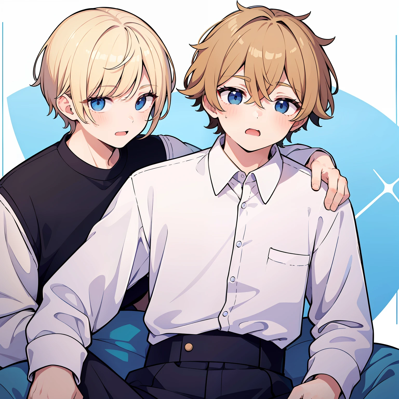 superfine illustration,masutepiece,Animated,1boy,man,Man's,gay,Yaoi,Guy,man,Man's,Short hair,Curly hair,Parted bangs,Blonde hair,Blue eyes,White skin,white  shirt,Handwriting style