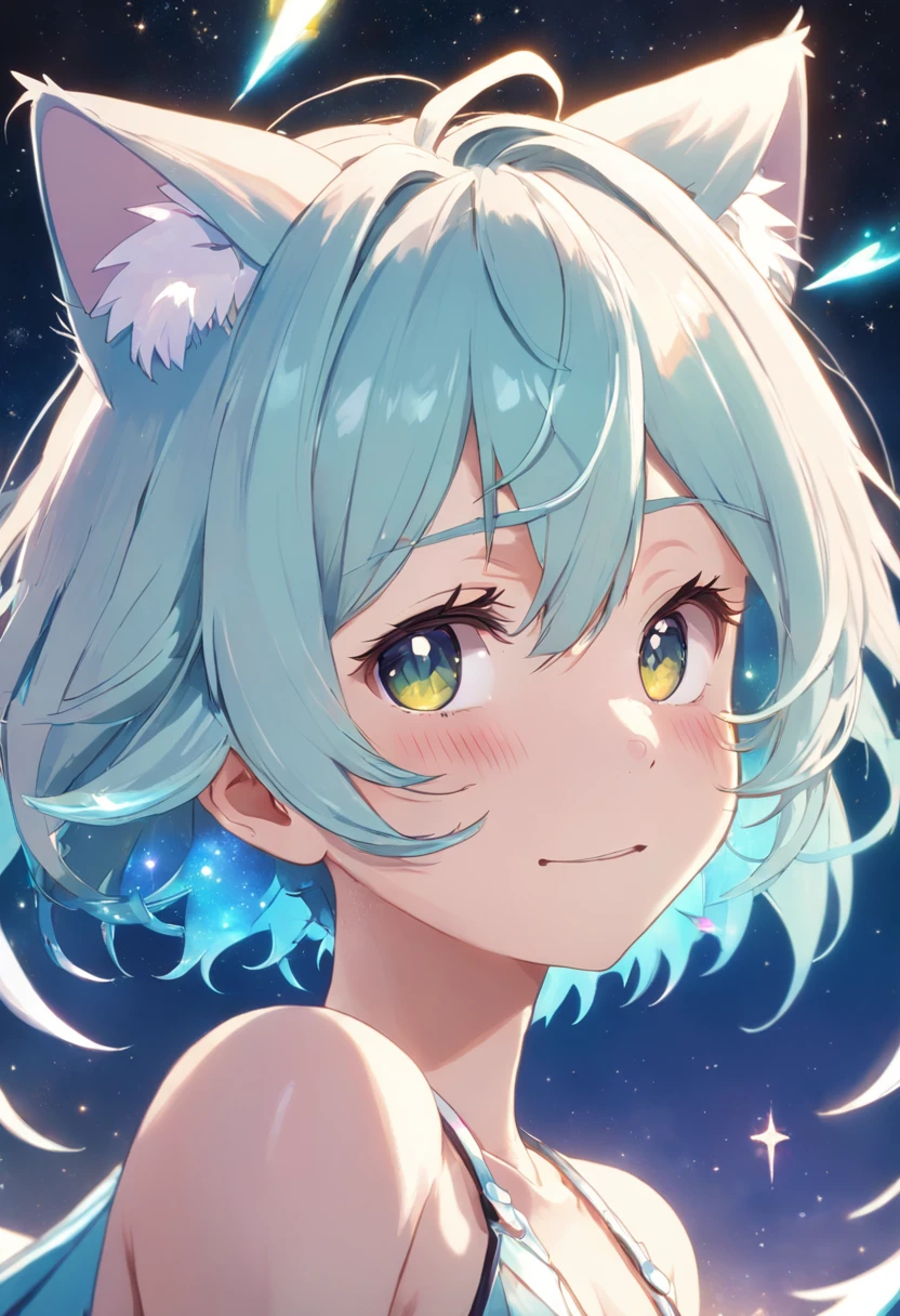 Shota, starrysky, streaked hair, white hair, colored inner hair, ahoge, short hair, shiny hair, expressive hair, star hair ornament, star hair ornament, star hair ornament, aqua eyes, gradient eyes, cat ears, light smile, high detail, Cubism, anime, anime style, cinematic lighting, sparkle, ray tracing, glowing light, bloom, drop shadow, tachi-e, pov, Eye-Level Shot, UHD, retina, masterpiece, ccurate, anatomically correct, textured skin, super detail, high details, high quality, award winning, best quality, highres, 4K