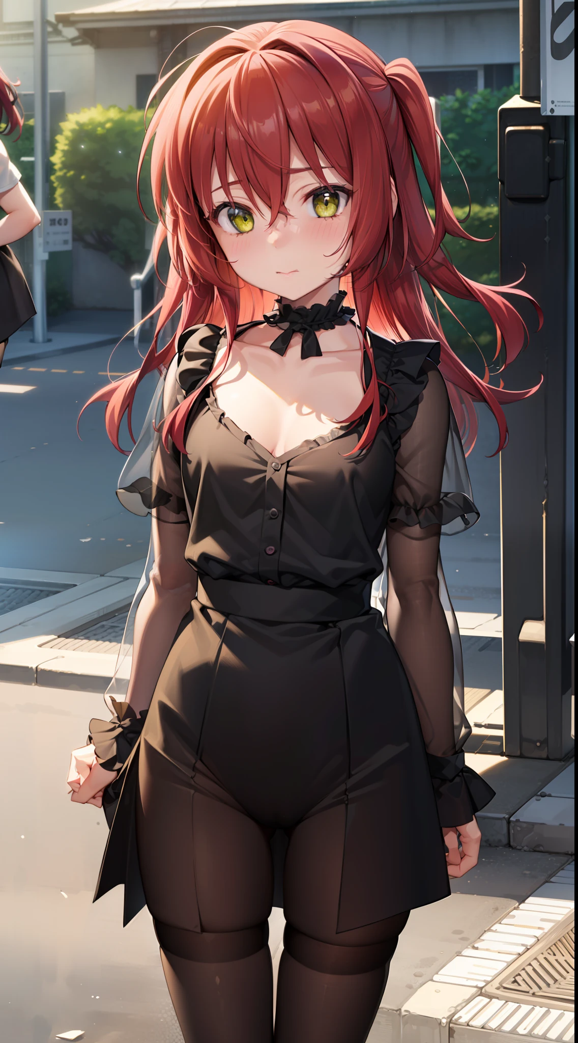 sharp focus, best quality, depth of field, cinematic light, detailed outfit, 8k, perfect eyes, rich in details and textures, detailed body, detailed eyes, cute, loli, 14years old girl, kita ikuyo, groin, collarbone, blush, ((black lingerie)), ((transparent shirt))