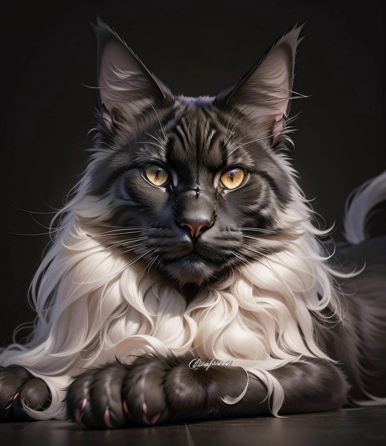 one fierce Maine Coon cat, onad, one face, four legs, two ears, four paws, one tale, photo-realism, 24k resolution, hyperdetailed