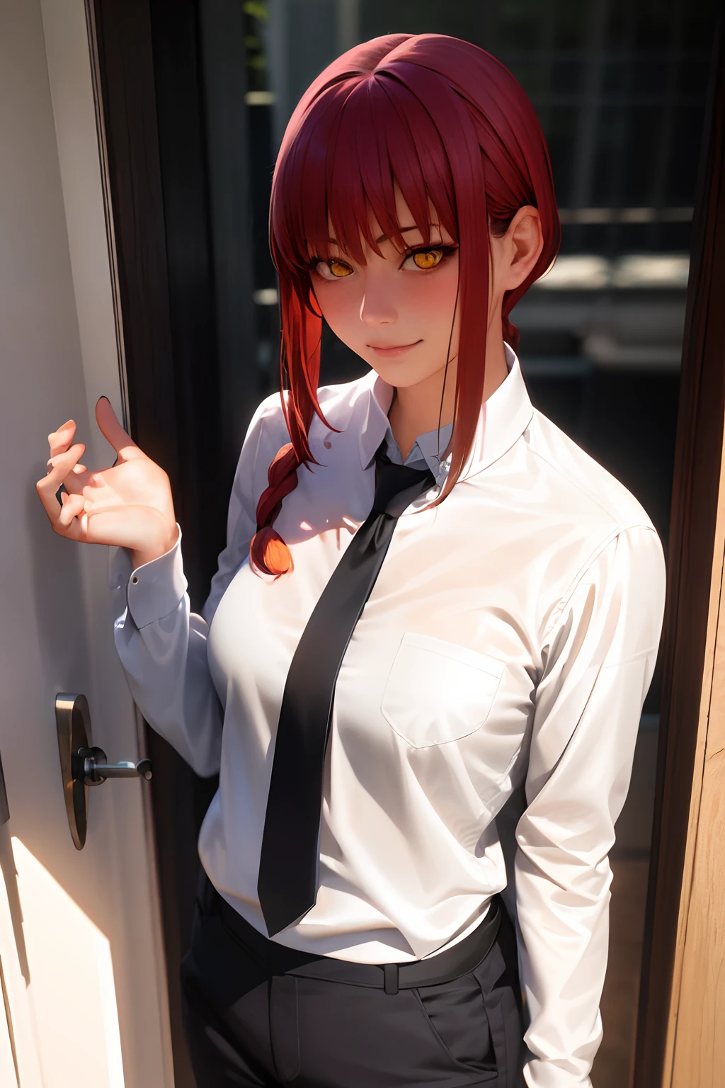 detailed shiny skin, (realistic, photo-realistic:1.4), a pretty girl, standing, looking out of window, white shirt, collared shirt, black necktie, black trousers, long sleeves, slight smile (nose blush), yellow eyes + ringed eyes, short hair + red hair + long braided hair, makima \(chainsaw man\)