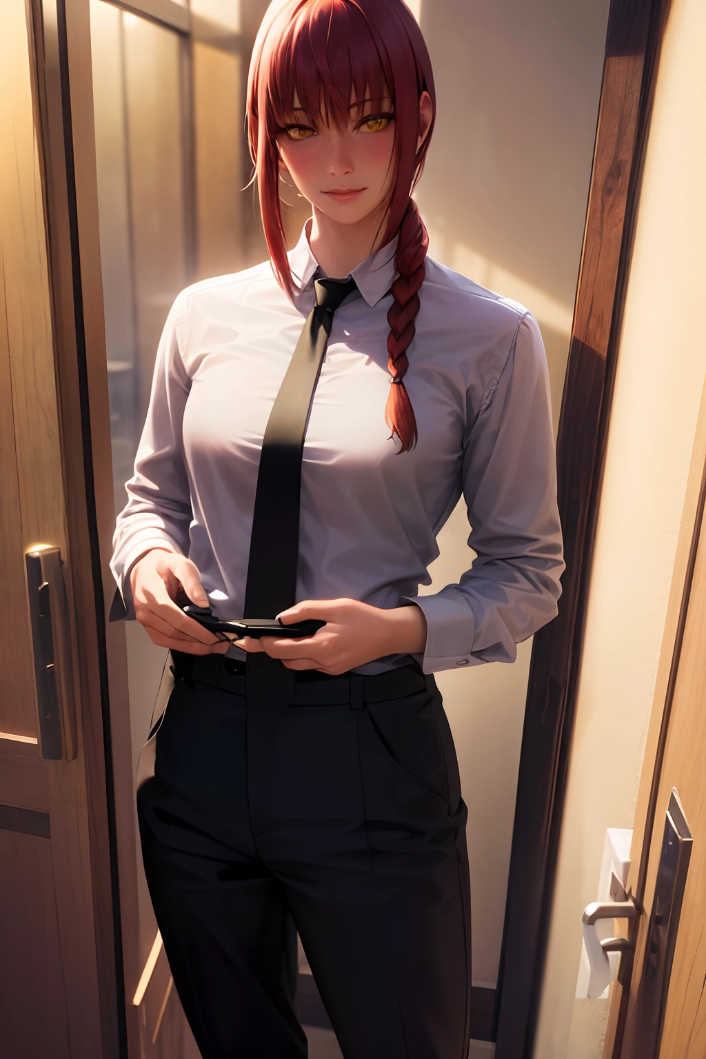 detailed shiny skin, (realistic, photo-realistic:1.4), a pretty girl, standing, looking out of window, white shirt, collared shirt, black necktie, black trousers, long sleeves, slight smile (nose blush), yellow eyes + ringed eyes, short hair + red hair + long braided hair, makima \(chainsaw man\)