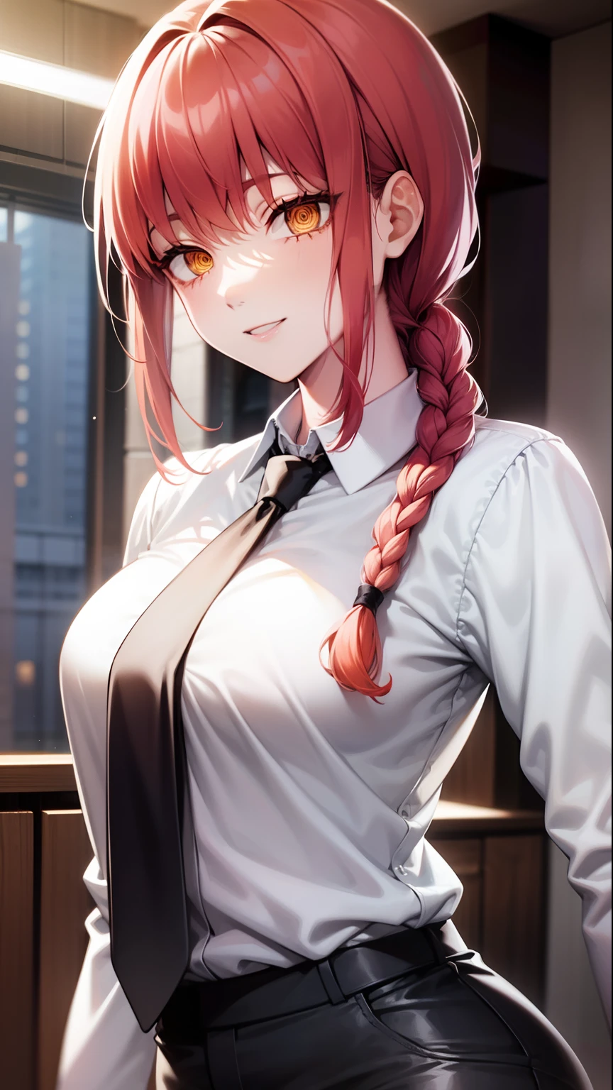 Makima, Makima, Long hair, Smile, Bangs, (Small breasts:1.2), (Yellow eyes:1.2), braid, Red hair, braided ponytails, Ringed Eyes, BREAK shirt, Long sleeves, White shirt, neck tie, Collared shirt, Pants, Black pants, Formal, Suit, black necktie, shirt tucked in, Office Lady, Break indoors, Office, BREAK looking at viewer, BREAK (masutepiece:1.2), Best Quality, High resolution, Unity 8k壁纸, (Illustration:0.8), (Beautiful detailed eyes:1.6), extra detailed face, Perfect Lighting, extremely details CG, (Perfect hands, Perfect Anatomy),