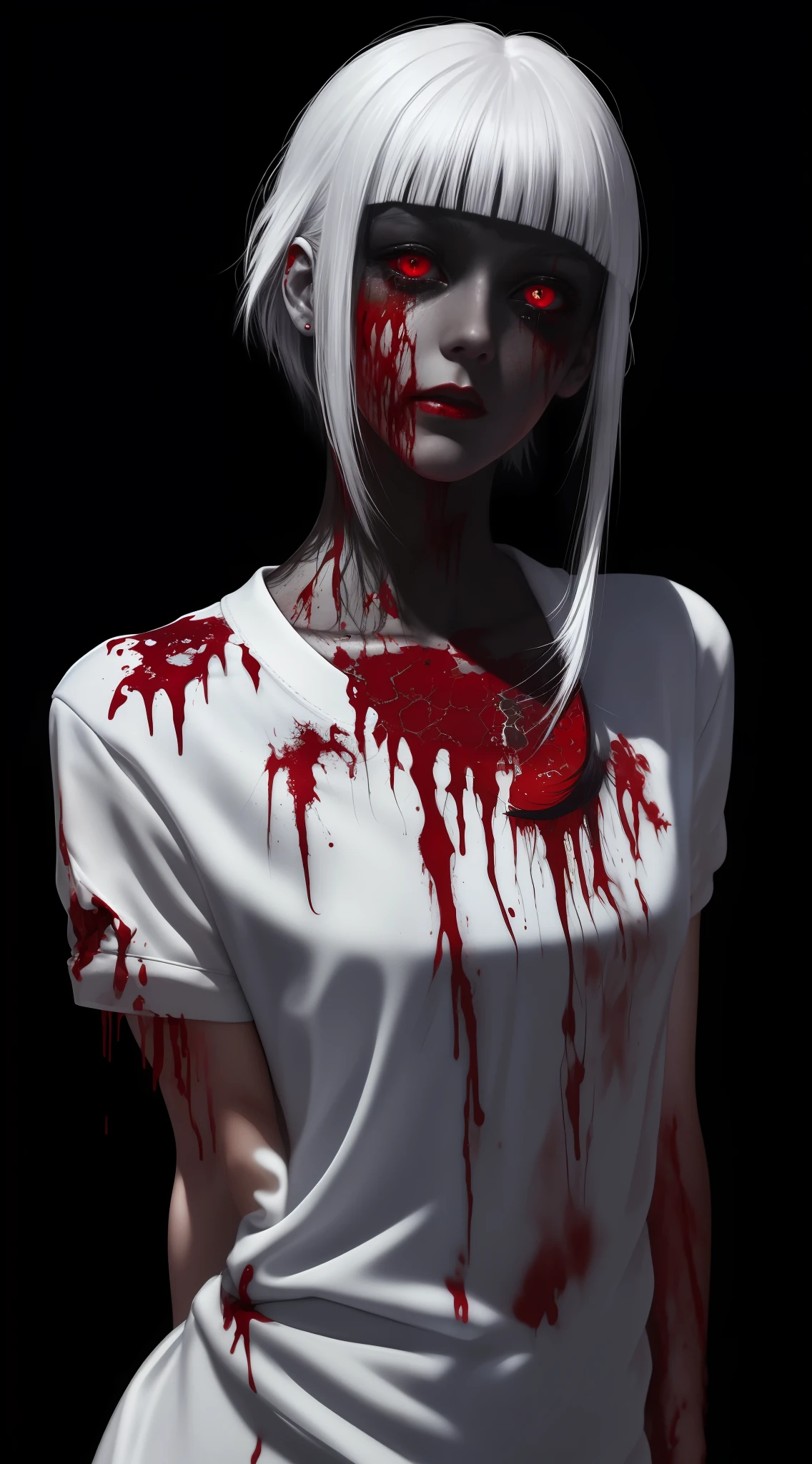 (masterpiece, best quality:1.2), cover image, splashed color background, highly detailed, colorful black, 1 girl, long silver hair, red eyes, short hair, blunt bangs, mannequin, cool face, ((( white sexy clothes))), illustration, horror art, dread, creepy, blood, blood eyes, gore,