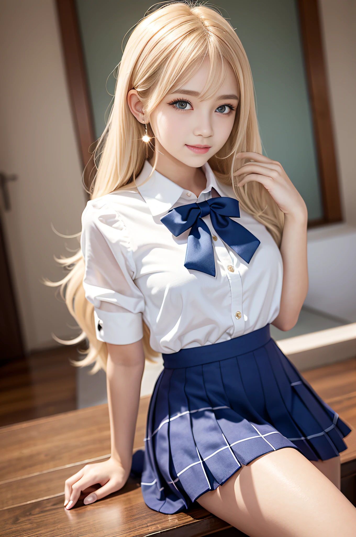 portlate、School Uniforms、bright expression、poneyTail、Young shiny shiny white shiny skin、Best Looks、Blonde reflected light、Platinum blonde hair with dazzling highlights、shiny light hair,、Silky straight hair、Beautiful bangs that shine、Glowing crystal clear attractive big blue eyes、Very beautiful nice cute 16 year old girl、Lush bust、White and beautiful blouse、((full body seen))、Beautiful face、Pleated skirt with many checked folds、((Well-formed face))、Pose Seductive、((School Idol))++、Sexy body、