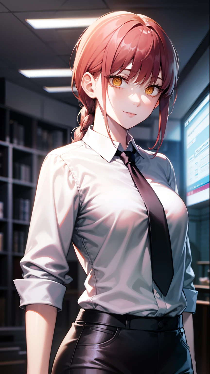 Makima, Makima, Long hair, Smile, Bangs, (Small breasts:1.2), (Yellow eyes:1.2), braid, Red hair, braided ponytails, Ringed Eyes, BREAK shirt, Long sleeves, White shirt, neck tie, Collared shirt, Pants, Black pants, Formal, Suit, black necktie, shirt tucked in, Office Lady, Break indoors, Office, BREAK looking at viewer, BREAK (masutepiece:1.2), Best Quality, High resolution, Unity 8k壁纸, (Illustration:0.8), (Beautiful detailed eyes:1.6), extra detailed face, Perfect Lighting, extremely details CG, (Perfect hands, Perfect Anatomy),