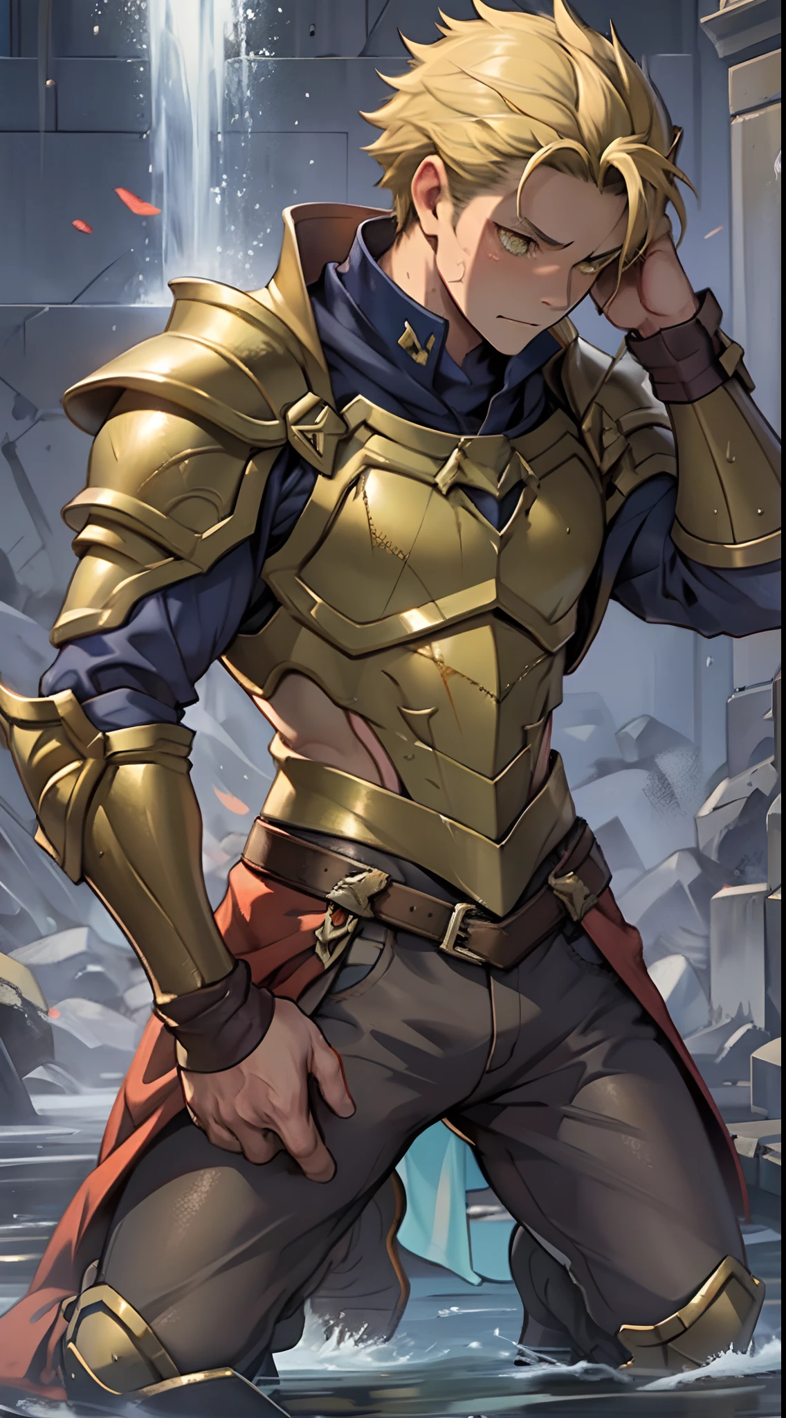 (1 Adult male),A high resolution, Sharp focus, Pixiv masterpiece, ((Complicated details)), highly detailed, natsuki_subaru, 1 man,perfect male figure,Urine on the trouser leg, Nervously bow your head,is shy,embarressed,exhilarated,is shocked,panicking,worry,A pool of urine formed around him,Very eager to pee,Unbearable,Wet yourself,Urine discharge,full bodyesbian,Kneel,Tired,decadent, Yellow eyes(eyes glowing), Short yellow hair,armour,cloaks,Armour,Shoulder armor,Leg armor,trousers,perspire,Drenched,Get wet,pissing,urine flows down the pants,look from down