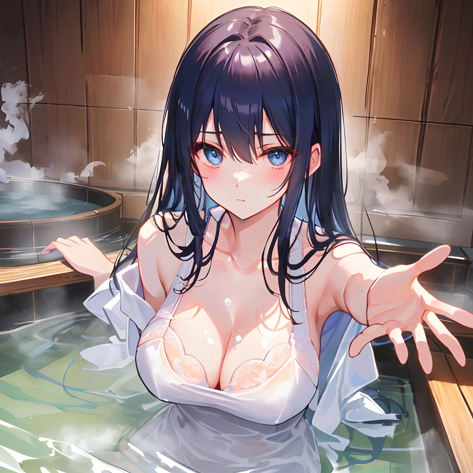 The hot springs are steaming，nakeness，Slender posture，Angelic face，Charming eyes。After soaking, Real water flows from beneath the hot springs，Soap foam clogs the chest，Chest looming，Temptation to look at the audience，Be red in the face，hands out，a mature female。