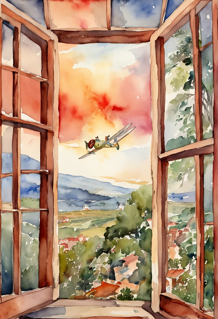 A man looking through a window, Ten planes flew over the red sky behind the windows