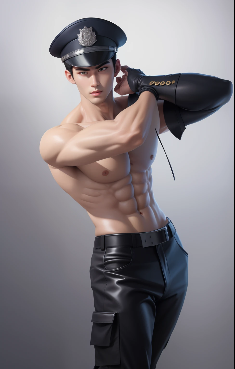 Sculptural model design,Escultura,The whole body of the character,male people,police officers,校服,police hat,Handsome,musculous,Exposing the pectoral muscles),Wu Yifan(Blank background)(Exposing the pectoral muscles),striptease,Dance