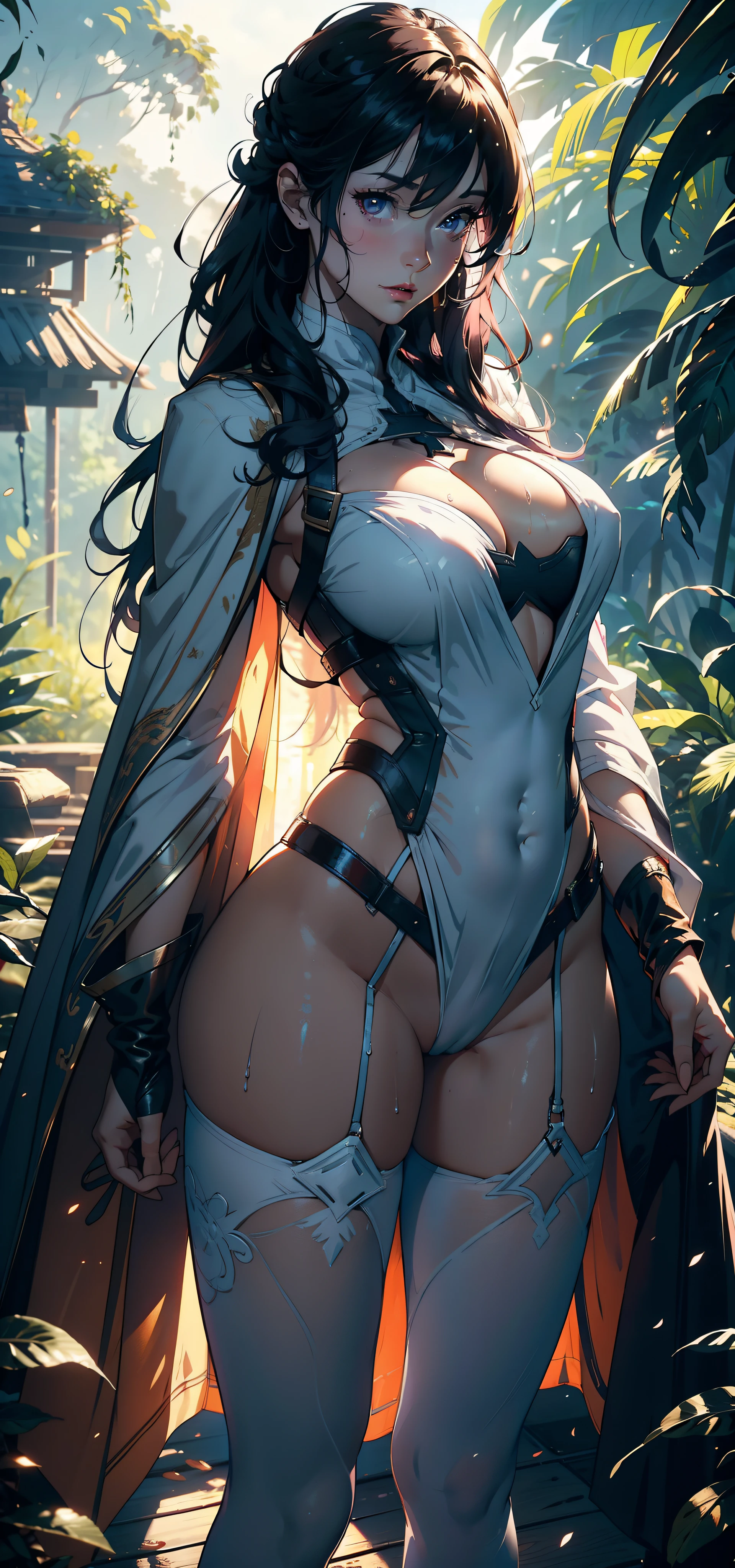 1female,25 age old,Large breasts,long leges,Big breasts Thin waist,Pornographic exposure, 独奏,(Background with:ln the forest,the rainforest,in summer) She has long purple hair,standing on your feet,Sweat profusely,drenched all over the body,seen from the front, curlies, mostly cloudy sky,(((tmasterpiece),(Very detailed CG unity 8K wallpaper),best qualtiy,cinmatic lighting,detailed back ground,beatiful detailed eyes,Bright pupils,(Very fine and beautiful),(Beautiful and detailed eye description),ultra - detailed,tmasterpiece,)),facing at camera,A high resolution,ultra - detailed),revealing breasts,Bare genitalia, Bulge,Camel toes,Raised sexy,Flushed complexion,Open-mouthed,frontage,captain america(Wearing:White cloak,Captain America uniform,Pantyhose)nakeness,high-heels