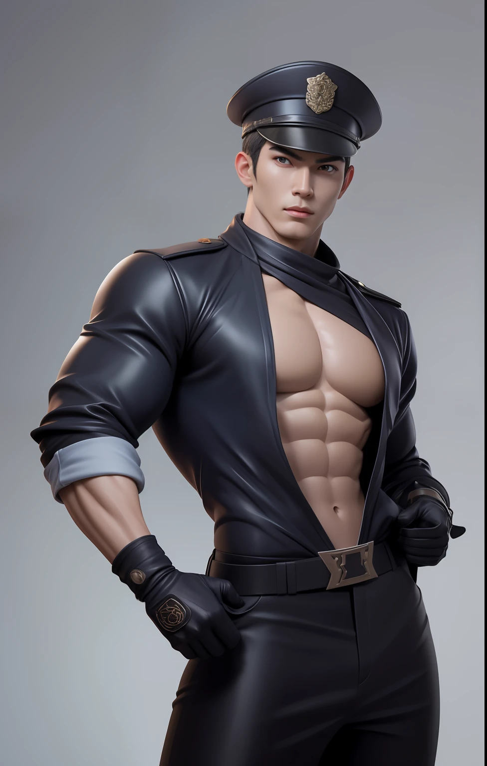 Sculptural model design，Escultura，The whole body of the character，male people，police officers，校服，police hat，Handsome，musculous，Exposing the pectoral muscles），Wu Yifan（Blank background）（Exposing the pectoral muscles），striptease，Dance