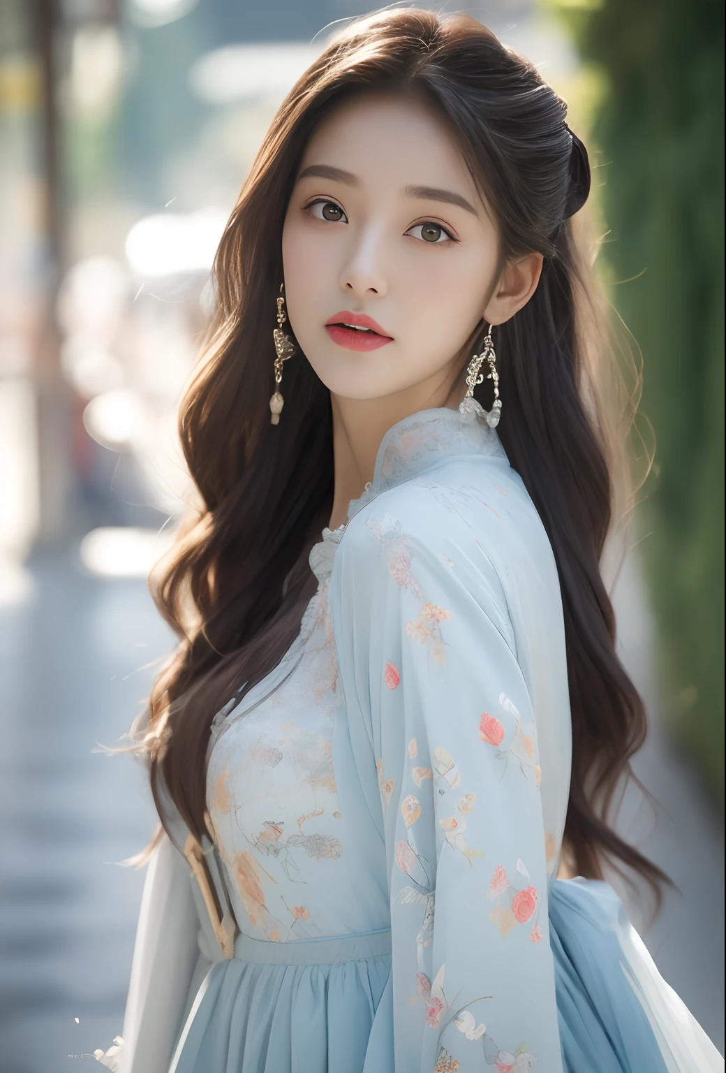 ((of the highest quality, 8K, masutepiece: 1.3)), Focus: 1.2, Perfect body: 1.4, buttocks: 1.2, (Layered Hair Style, tits out: 1.2)), (Lolita Costume Outfit 1.1), (street: 1.3), Superskirt: 1.1, Highly detailed face and skin texture, Narrow eyes, Double eyelids, Whitening skin, , (Shut up: 1.3), 1 person、Hair shrinkage、Mount Yoshijin-hsien、Korean hair