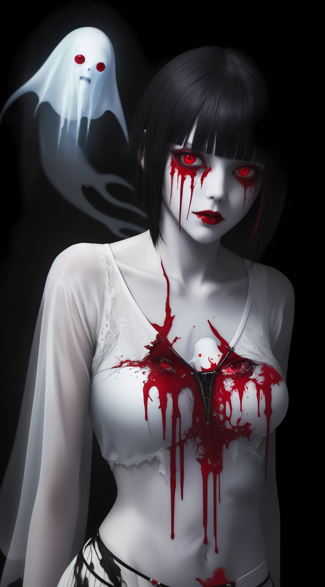 (masterpiece, best quality:1.2), cover image, splashed color background, highly detailed, colorful black, 1 girl, long silver hair, red eyes, blood on eye, short hair, blunt bangs, mannequin, cool face, ((( white sexy ghost))), illustration, horror art, dread, creepy, blood, blood eyes, gore,
