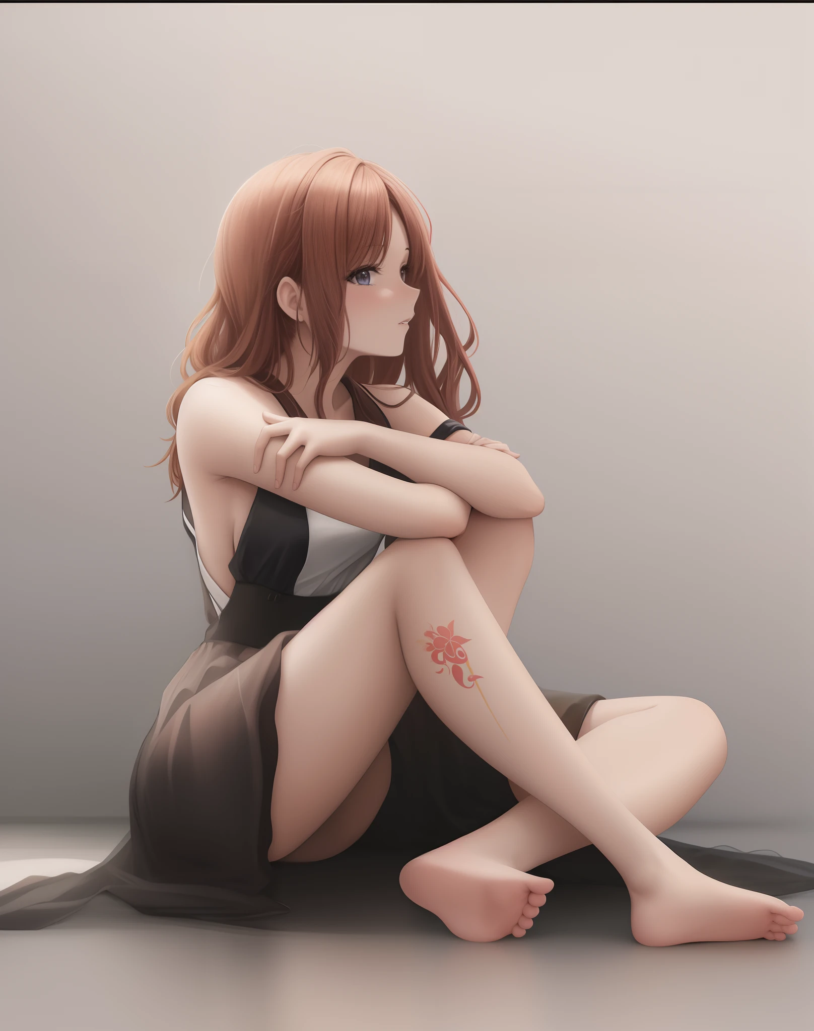 Pintura de una mujer realista con un vestido hasta las piernas, sentada en el suelo con las piernas cruzadas, Pintado en Anime Painter Studio, Hecho con Anime Painter Studio, chica pelirroja, Pintura digital brillante, Estilo de pintura digital, Pintura digital 4K, Pintura digital 4K, Arte de anime digital, Arte digital realista 4K, Arte digital realista 4K, Pintura digital suave, Hermosa chica de anime en cuclillas