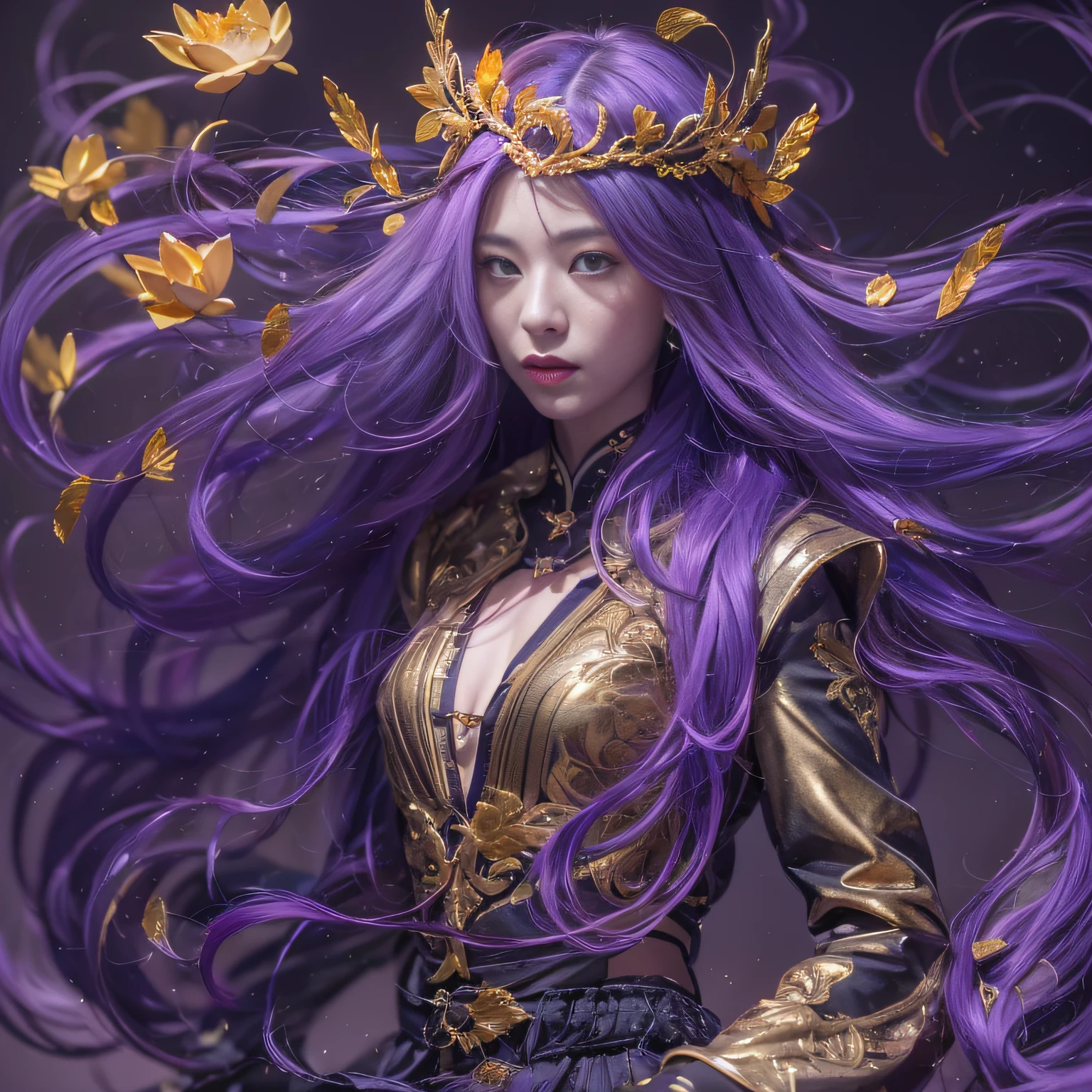 32K(tmasterpiece,k hd,hyper HD,32K)Long flowing bright purple hair,Autumn Pond,zydink, a color, Asian people (Silly girl), (Silk scarf), Combat posture, looking at the ground, long whitr hair, Floating bright purple, Fire cloud pattern gold tiara, Chinese long-sleeved gold silk garment, (abstract ink splash:1.2), white backgrounid,Lotus protector(realisticlying:1.4),Bright purple hair,Smoke on the road,The background is pure, A high resolution, the detail, RAW photogr, Sharp Re, Nikon D850 Film Stock Photo by Jefferies Lee 4 Kodak Portra 400 Camera F1.6 shots, Rich colors, ultra-realistic vivid textures, Dramatic lighting, Unreal Engine Art Station Trend, cinestir 800,Long flowing bright purple hair