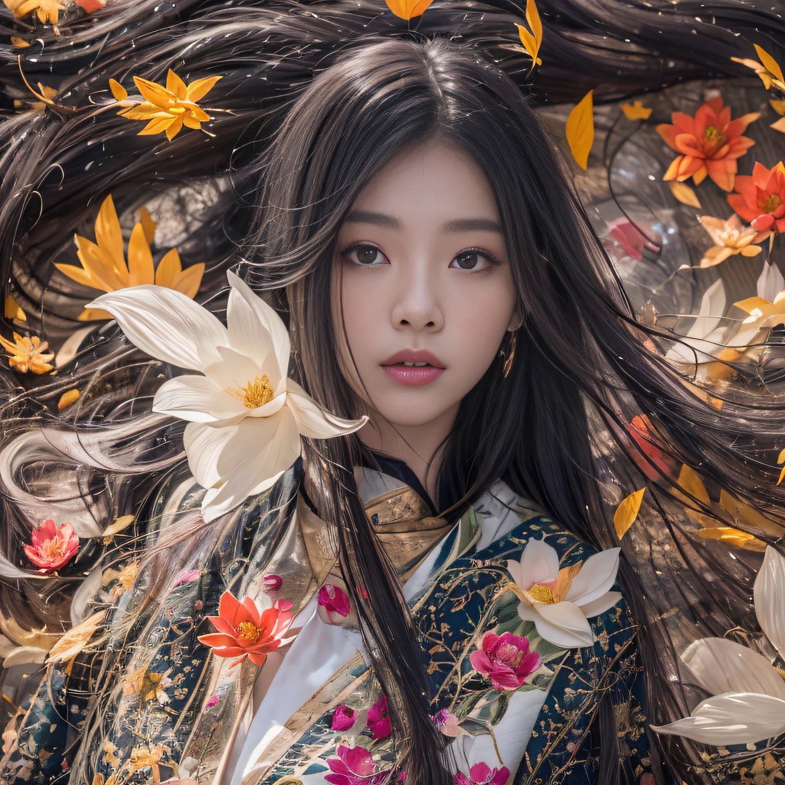 32K（tmasterpiece，k hd，hyper HD，32K）Long flowing black hair，ponds，zydink， a color，  Asian people （Silly girl）， （Silk scarf）， Combat posture， looking at the ground， long whitr hair， Floating hair， Carp pattern headdress， Chinese long-sleeved bright orange clothing， （abstract ink splash：1.2）， Pink petal background，Pink and white lotus flowers fly（realisticlying：1.4），Black color hair，Fallen leaves flutter，The background is pure， A high resolution， the detail， RAW photogr， Sharp Re， Nikon D850 Film Stock Photo by Jefferies Lee 4 Kodak Portra 400 Camera F1.6 shots, Rich colors, ultra-realistic vivid textures, Dramatic lighting, Unreal Engine Art Station Trend, cinestir 800，Long flowing black hair
