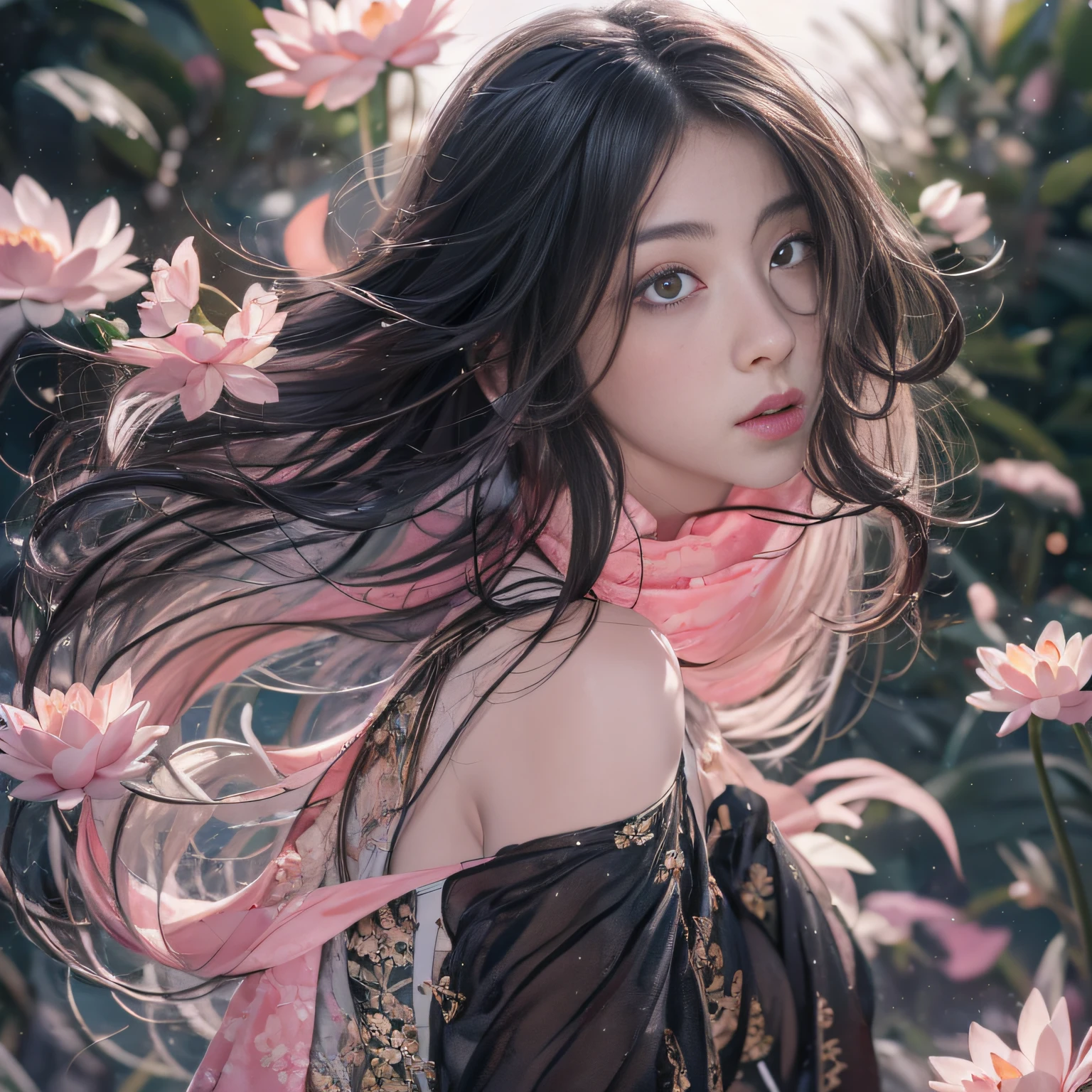 32K（tmasterpiece，k hd，hyper HD，32K）Long flowing black hair，ponds，zydink， a color，  Asian people （Silly girl）， （Silk scarf）， Combat posture， looking at the ground， long whitr hair， Floating hair， Carp pattern headdress， Chinese long-sleeved clothing， （abstract ink splash：1.2）， Pink petal background，Pink and white lotus flowers fly（realisticlying：1.4），Black color hair，Fallen leaves flutter，The background is pure， A high resolution， the detail， RAW photogr， Sharp Re， Nikon D850 Film Stock Photo by Jefferies Lee 4 Kodak Portra 400 Camera F1.6 shots, Rich colors, ultra-realistic vivid textures, Dramatic lighting, Unreal Engine Art Station Trend, cinestir 800，Long flowing black hair