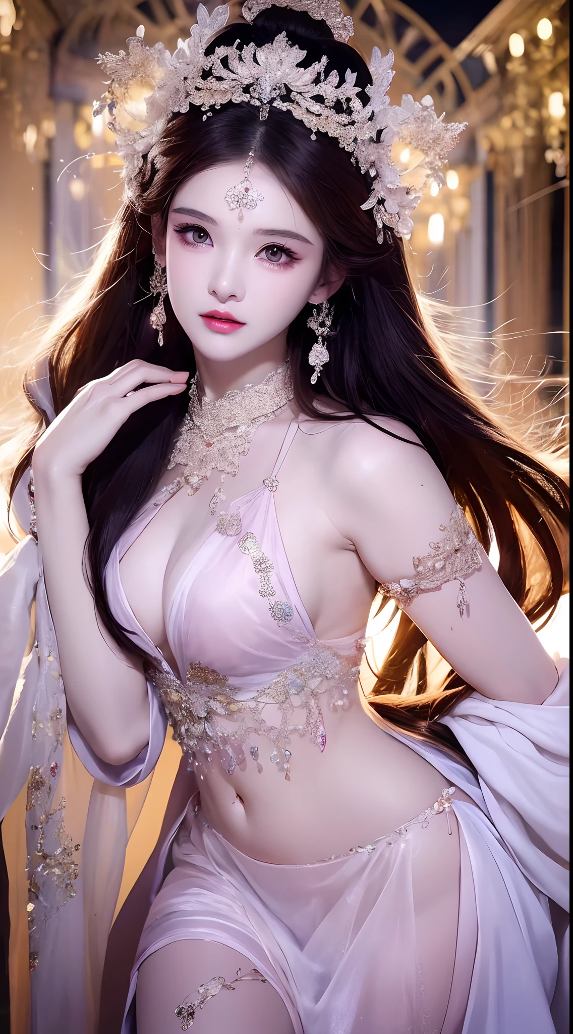 1 20 year old girl, 1 goddess Athena, pink purple silk dress, beautiful goddess Athena face without blemishes, delicate yellow nightgown, long thin sequin nightgown with many sexy black lace details, 1 beautiful thin red silk cloth half veil, female saint legend, female saint icon, beautiful goddess style glitter, dark and mysterious version, vermilion lips, plump red lips, ((closes mouth:0.9)), full teeth, symmetrical incisors, bright white teeth, ((angry face:0.8)), delicate and beautiful pino detailing, delicate and beautiful lip detail, (pure and flawless face: 1.9), female saint body, round chest, big and round breasts, phoenix brooch, long flat bangs, long black hair, beautiful clear face and well-proportioned eyes, (transparent iridescent light purple eyes: 1.8), (big round eyes and makeup, sexy wet eye makeup, very beautiful and meticulous hair makeup, long and delicate blonde hair, delicate, body image: 1.8), figure: and vivid, (stars that make up the sky: 1.7), (the sky of heaven and the fictitious gate of time and space: 1.8), fictional art, RAW photos, hanfu photos, best photos, high resolution, best quality, best photos, best goddess quality, 8k female, super 8 single saint portraits, truest color schemes, masterpieces, best beauty brands, best hair jewelry, brand real photo, dark studio, border light, two-tone lighting, (rose white skin: 1.4), (high skin detail: 1.1), 8k uhd, d slr, soft light, 8k, high quality, candid, volume Smooth and sharp, 10x pixel increase, sexy goddess, sexy goddess, (background space: 1.8), (most beautiful aurora eyes: 1.7), beautiful eyes, aurora beautiful and flowery, (beautiful single girl: 1.8), (more details:0.8), Close-up, up close to the goddess, clear and surreal