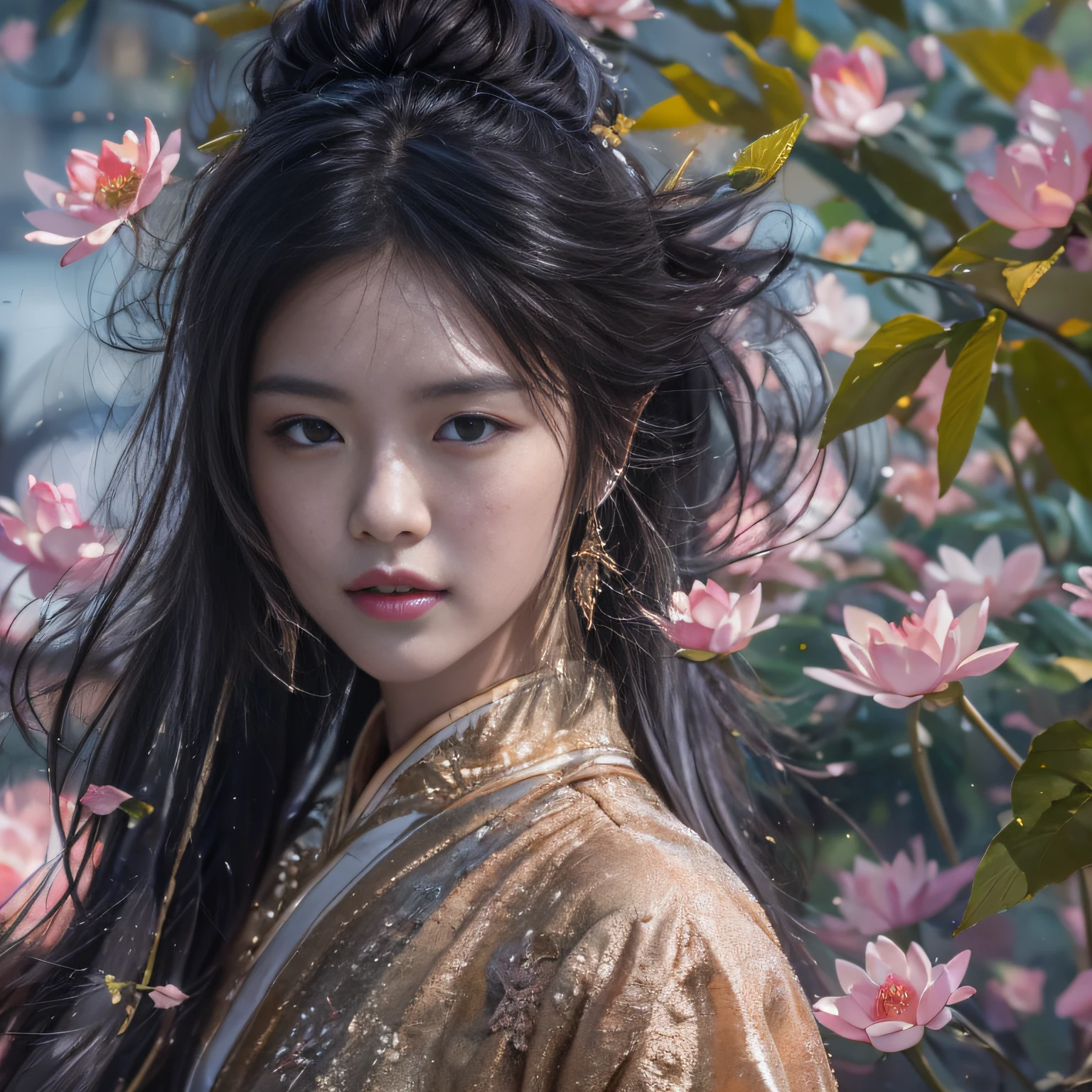 32K(tmasterpiece,k hd,hyper HD,32K)Long flowing black hair,ponds,zydink, a color, Asian people (Silly girl), (Silk scarf), Combat posture, looking at the ground, long whitr hair, Floating hair, Carp pattern headdress, Chinese long-sleeved clothing, (abstract ink splash:1.2), Pink petal background,Pink and white lotus flowers fly(realisticlying:1.4),Black color hair,Fallen leaves flutter,The background is pure, A high resolution, the detail, RAW photogr, Sharp Re, Nikon D850 Film Stock Photo by Jefferies Lee 4 Kodak Portra 400 Camera F1.6 shots, Rich colors, ultra-realistic vivid textures, Dramatic lighting, Unreal Engine Art Station Trend, cinestir 800,Long flowing black hair