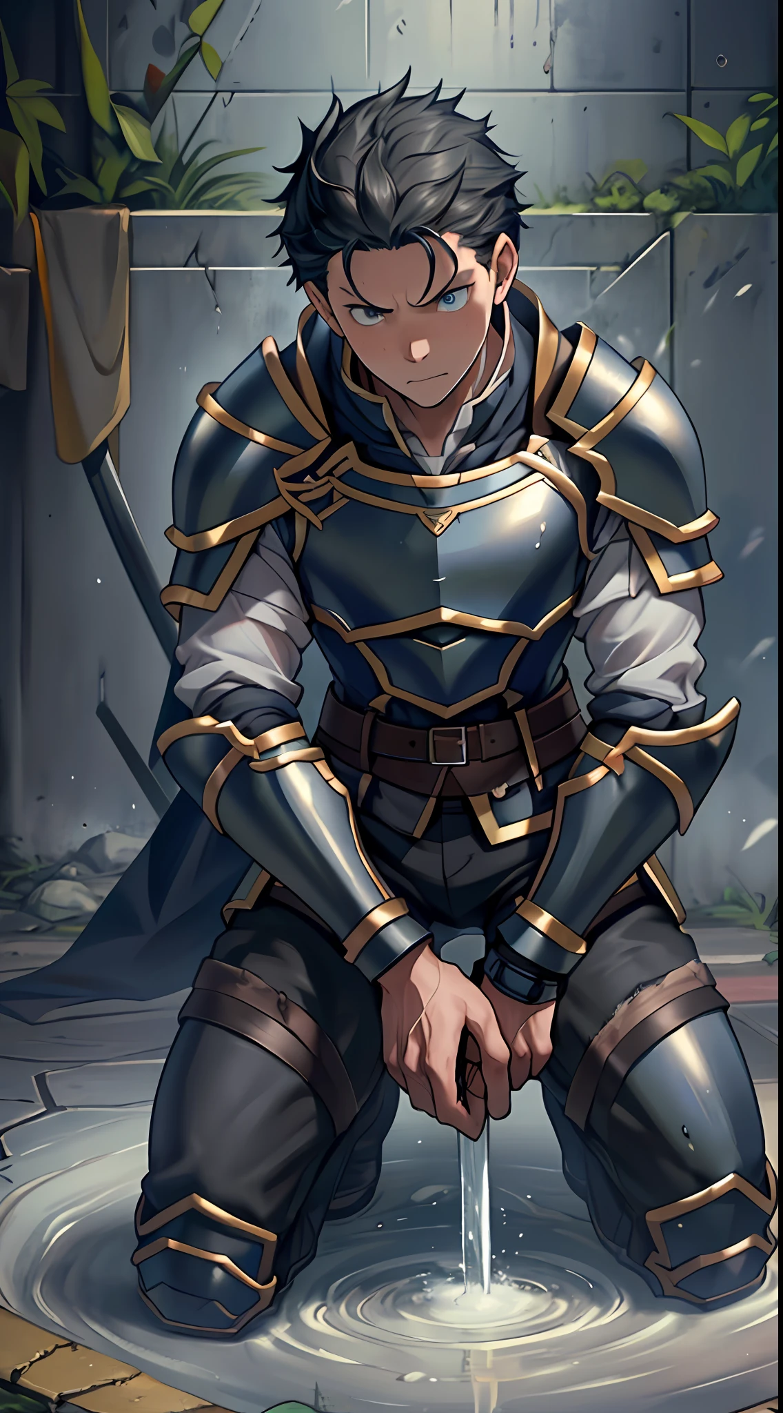 best quality, masterpiece, stocky man with short blond hair, looks like laios touden, dungeon meshi, metal plate armor, masturbating, cumshot, projectile cum, bukakke, facial, disgusted face, sexy, gay, homoerotic, extremely dramatic shadows, romantic atmosphere, perfection, no watermark, no logo, 