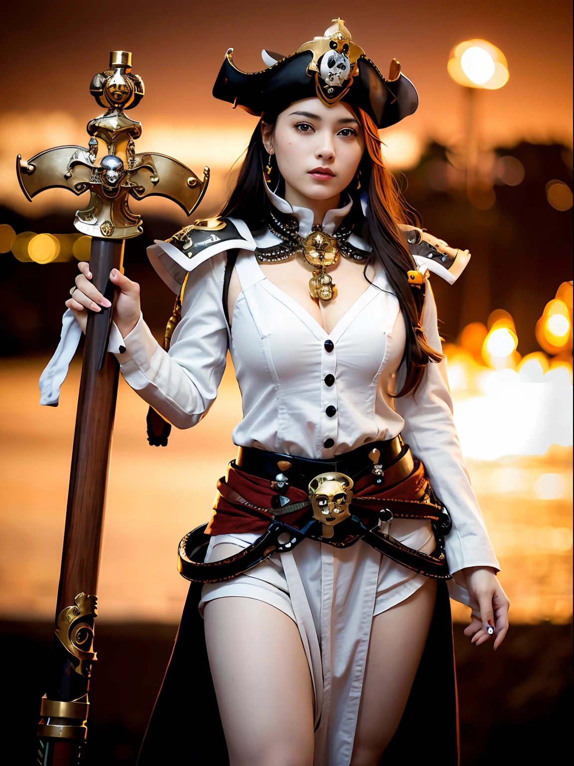 (masutepiece), Professional , masterpiece、top-quality、photos realistic , depth of fields (Gemstone Silver Metal Body:1.9),(Matte White、(Wear a detailed pirate hat)、Jewel Gold Weapon(Jewel Metal Body:1.4),(Gorgeous metal weapons) , Detailed Sword of the Brave , 20 year old girl ,warhammer 40k , The port town、adepta sororitas,Detail and ornate jewel crown、Black hair、Gangle's forest background、Young Caucasian beauty、1a person、dynamic ungle,(((Detailed and ornate diamond crown)))、Smaller head、A smile、Take a sexy pose、Thin and beautiful female hands、cleavage of the breast、Soldier in iron armor on background、A port city with a view of the sea、Pirate Ship、