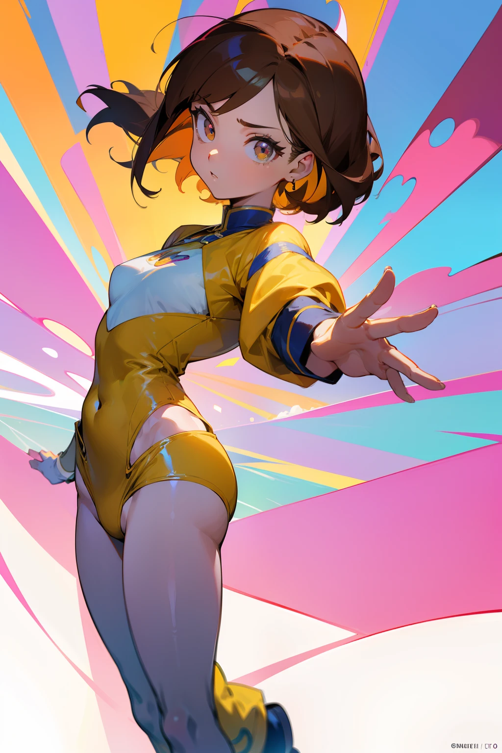 Chica anime, 1engranaje, short brown hair, ojos marrones hermosos, Cara perfecta, dynamic pose, Perfect anatomy, cuerpo perfecto, Obra maestra, Full HD, 4k, Unique costume, varios colores, colores llamativos, cuerpo completo, character design, Cute , Buen estilo, estilo llamativo, perspectiva,