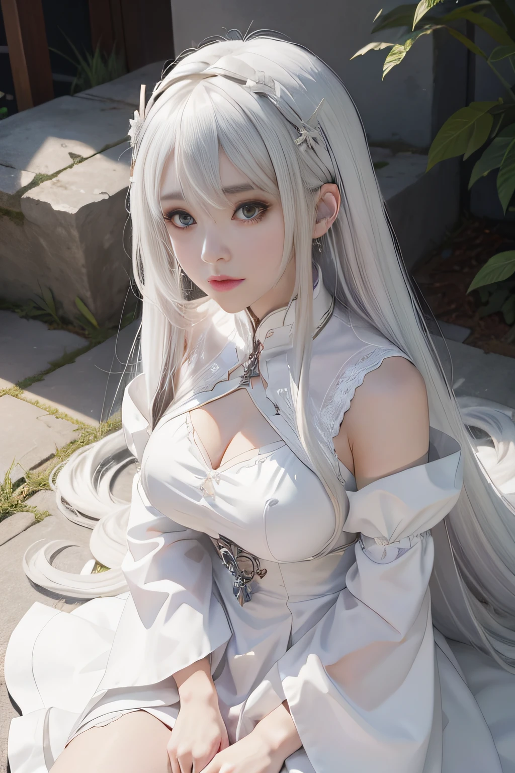 Big flag,Anime girl with long hair and white dress sitting on the ground, white haired god, shadowverse style, anime goddess, silver hair girl, Girl with white hair, Detailed key anime art, Beautiful fece, Ayaka Genshin Impact