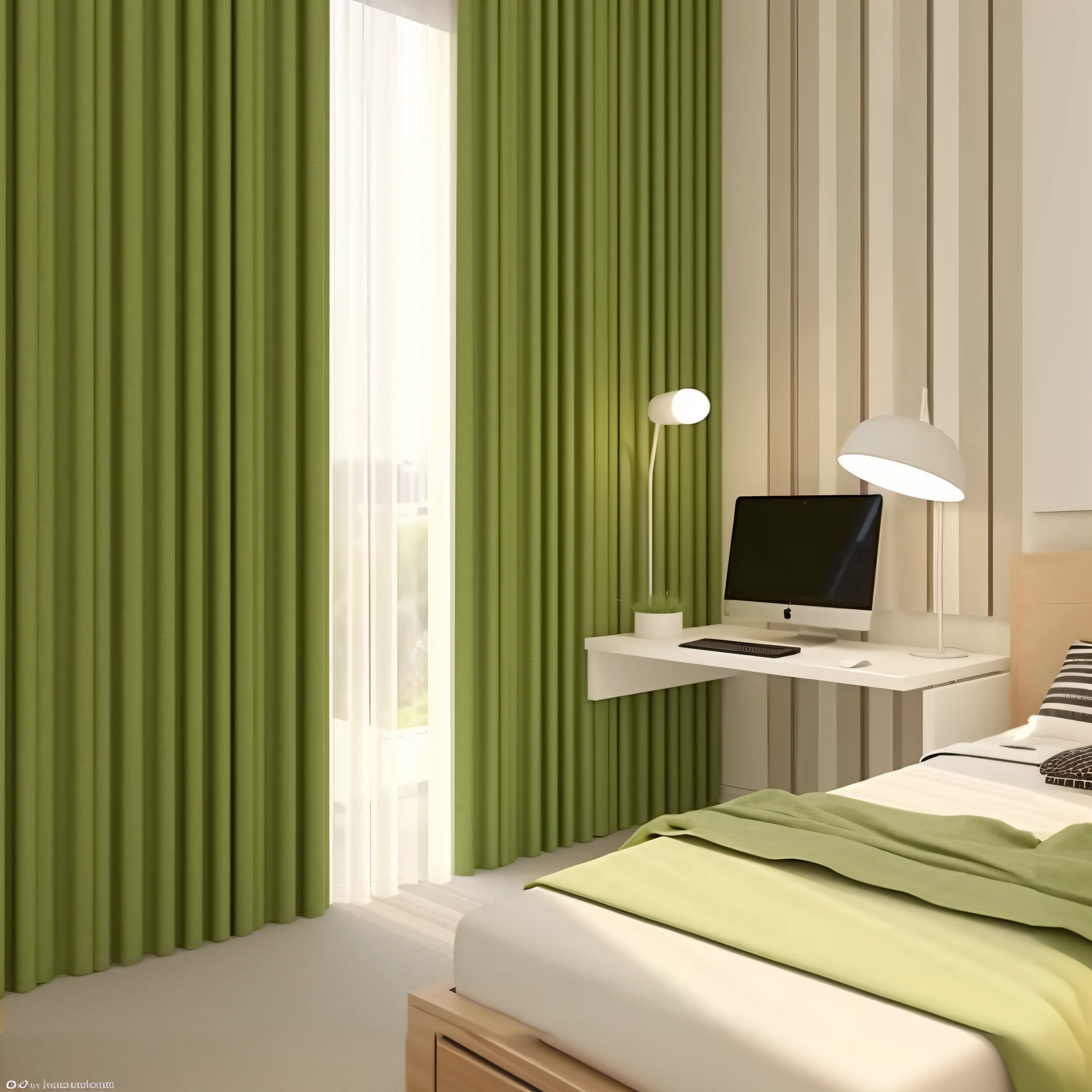 Arafeld bedroom with bed, desk, and a computer on the table, Green and warm theme, in style of 3d render, Green color scheme, rendered in vray, studyng in bedroom, in small room, Bright room, 3D rendering of, 3 d rendered, Green accent lighting, Render in Vray, rendered in 3 dsmax