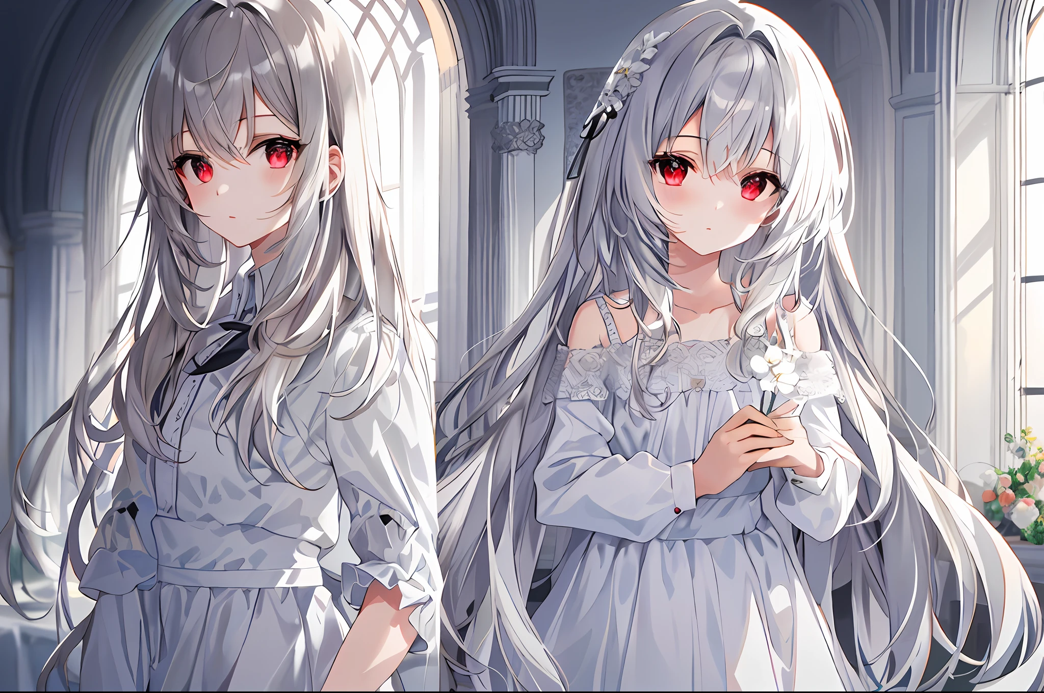 （（tmasterpiece，best qualtiy））++， detailedlight+， Detail hair+， Detail hands+ ，1girll， woman， long whitr hair， Dark red eyes， beautidful eyes， Young gray hair，，，（Beautiful white hair：1.5），（beatiful detailed eyes），  A high resolution+，white pajama，white  skirt，Glass tones，Reflective eyes，