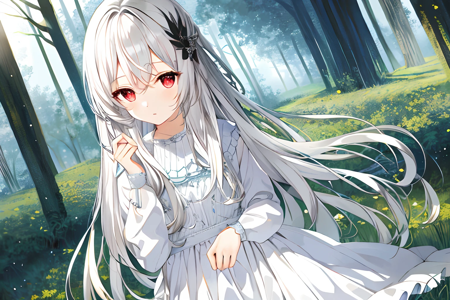 ((tmasterpiece,best qualtiy))++, detailedlight+, Detail hair+, Detail hands+ ,1girll, woman, long whitr hair, Dark red eyes, beautidful eyes, Young gray hair,,,(Beautiful white hair:1.5),(beatiful detailed eyes), A high resolution+,white pajama,white skirt,Glass tones,Reflective eyes,Very detailed wallpaper,primitive,naturey,grassy fields,ln the forest