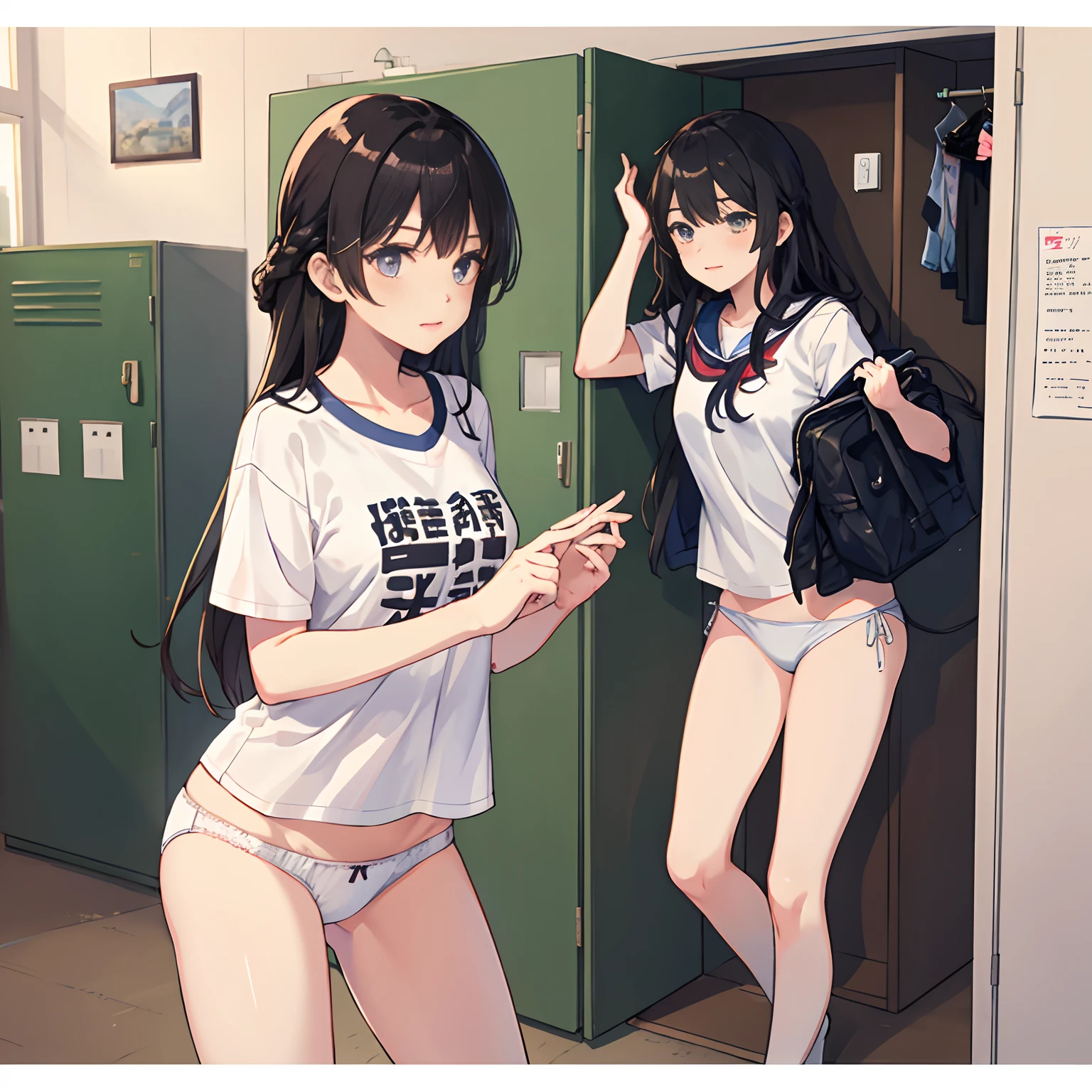 (masuter piece, High quality), Multiple girls, School Locker Room, (White panties), White T-shirt, Changing clothes, peaked, Soft light