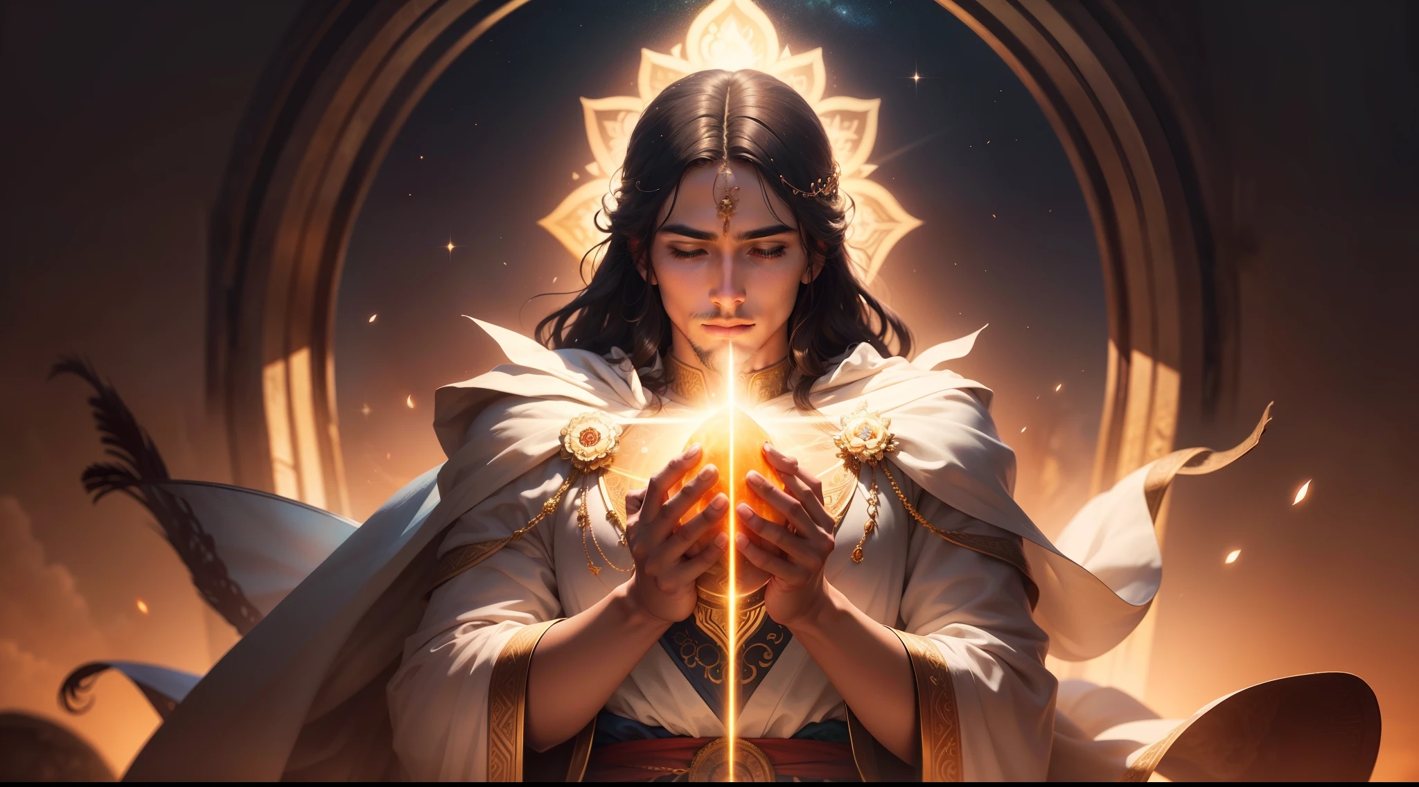 "Por gentileza, crie uma imagem que represente Deus de forma majestosa e sublime. He's at the center of the scene, emanating a powerful and reassuring presence. His figure is imposing, with traits that reflect infinite wisdom and compassionate love. His expression is serene and benevolent, transmitindo a profundidade de Sua natureza divina. He is enveloped by an atmosphere of respect and reverence, inspirando um senso de humildade diante do transcendental. The scene conveys a sense of spiritual connection and reverence for divinity. Por favor, capture the essence of God's greatness and His transcendent influence on the image."