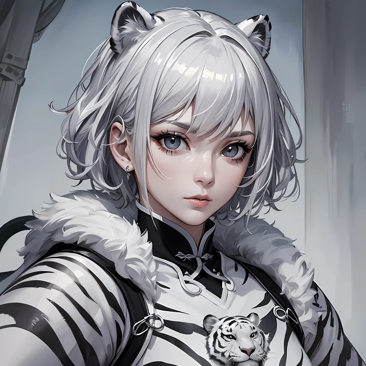 masterpiece、top-quality、hight resolution、High-quality images、8K、1womanl、detaileds、Detailed eye depiction、skin gloss、shiny short silver hair、Monochrome grayscale、Nomiya、portlate、Chinese martial arts、the white tiger