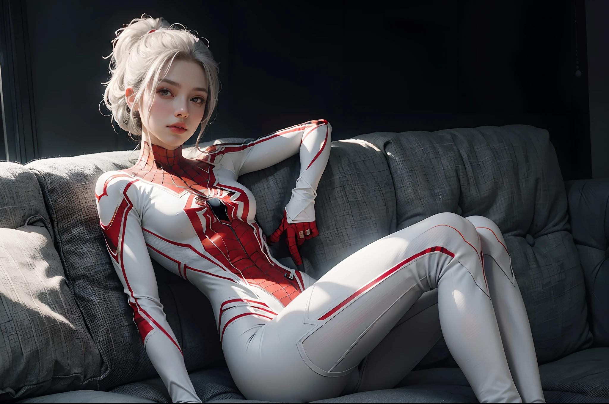 4k，realisticlying，Glamorous，非常详细，There is a girl in Dingcheng，she is a spiderman，white super hero theme，long  white hair，25 age old，full body exposed